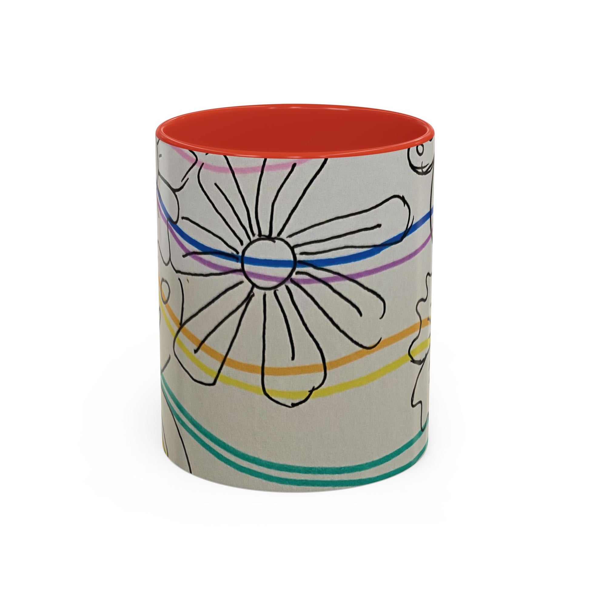 This is the 11oz Red Wavy Flower Accent Mug by Storm Garden Studio. The image showcases view from the front. The handle and inside of mug are color matched. The illustration shows assorted flowers lined in black with waves behind it. There is a gray background to the illustration. There is one flower shown in the image and two flowers barely shown at each side. The colors are red, pink, blue, purple, yellow and green. The image is against a white background.