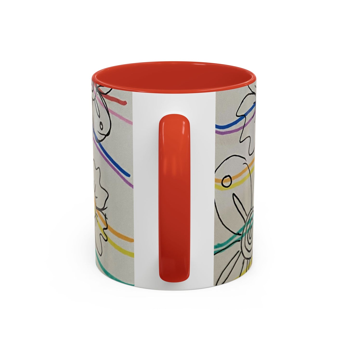 This is the 11oz Red Wavy Flower Accent Mug by Storm Garden Studio. The image showcases view from the handle facing towards us. The handle and inside of mug are color matched. There is a white space where the handle is. To the right and left are small wave patterns on a gray background. The colors are red, pink, blue, purple, yellow and green. The image is against a white background.