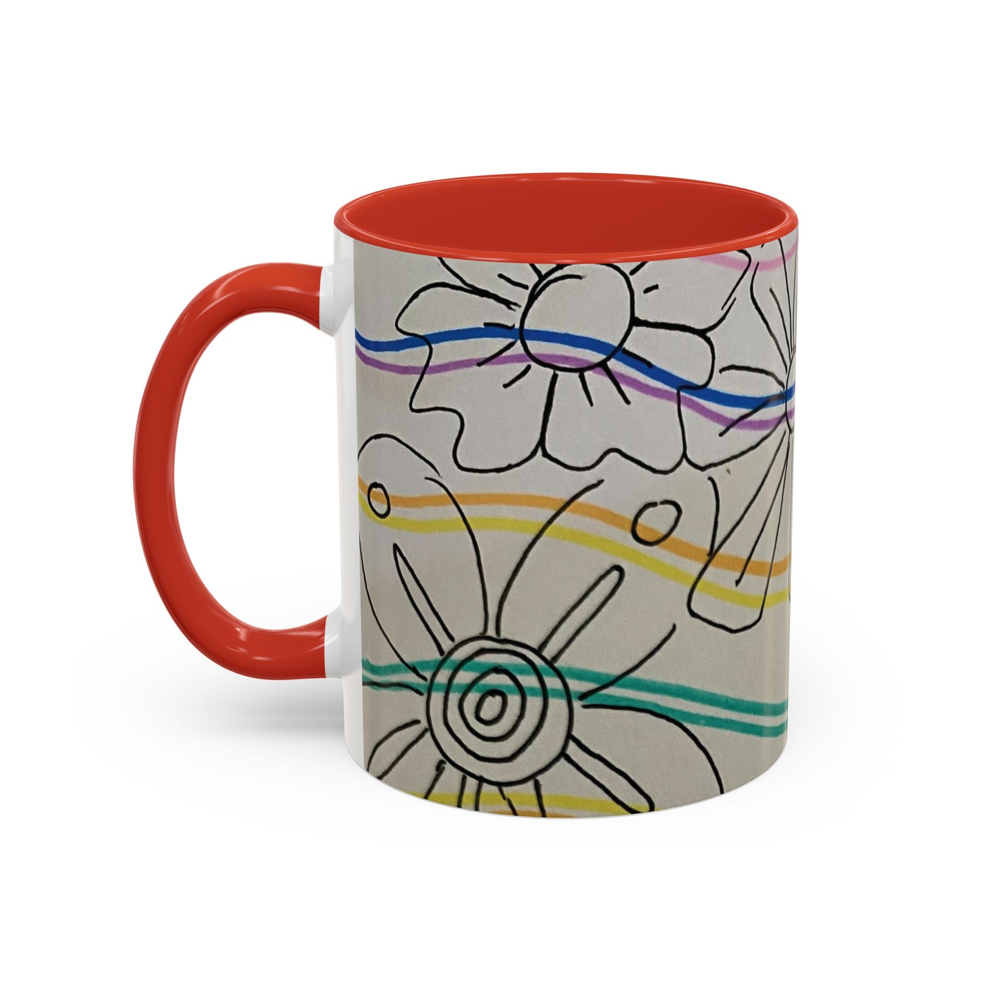 This is the 11oz Red Wavy Flower Accent Mug by Storm Garden Studio. The image showcases view from the handle facing to the left. The handle and inside of mug are color matched. The illustration shows assorted flowers lined in black with waves behind it. There is a gray background to the illustration. There are two and a half flowers shown in the image. The colors are red, pink, blue, purple, yellow and green. The image is against a white background.