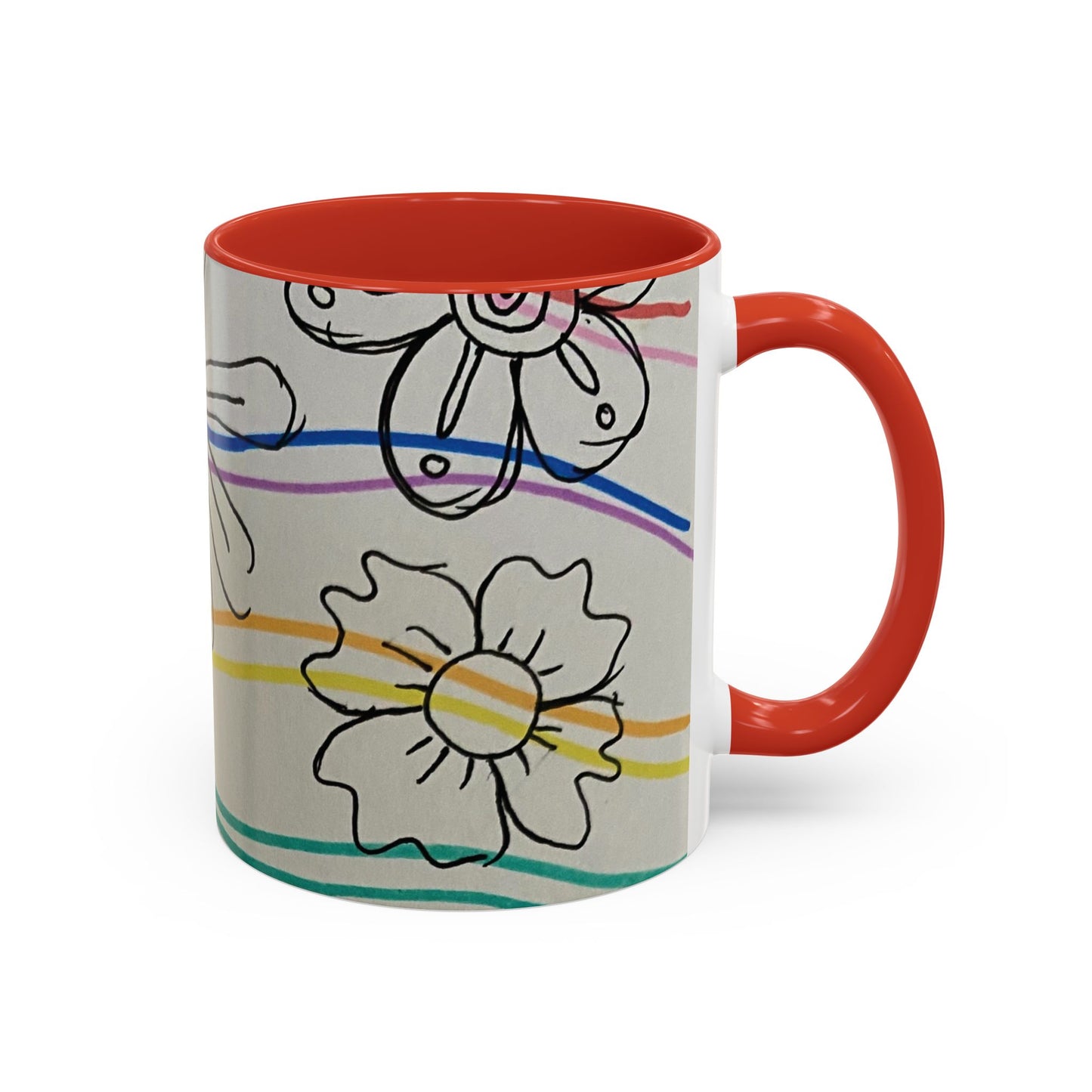 This is the 11oz Red Wavy Flower Accent Mug by Storm Garden Studio. The image showcases view from the handle facing to the right. The handle and inside of mug are color matched. The illustration shows assorted flowers lined in black with waves behind it. There is a gray background to the illustration. There are two flowers shown in the image. The colors are red, pink, blue, purple, yellow and green. The image is against a white background.