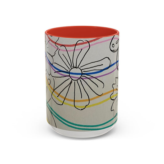 This is the 15oz Red Wavy Flower Accent Mug by Storm Garden Studio. The image showcases view from the front. The handle and inside of mug are color matched. The illustration shows assorted flowers lined in black with waves behind it. There is a gray background to the illustration. There is one flower shown in the image and two flowers barely shown at each side. The colors are red, pink, blue, purple, yellow and green. The image is against a white background.