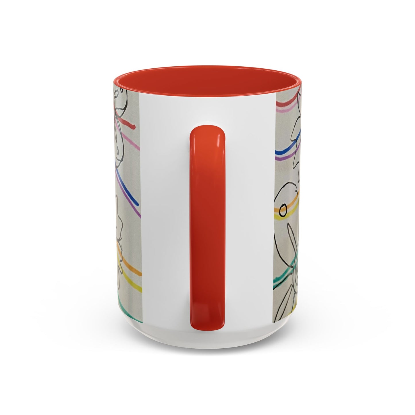 This is the 15oz Red Wavy Flower Accent Mug by Storm Garden Studio. The image showcases view from the handle facing towards us. The handle and inside of mug are color matched. There is a white space where the handle is. To the right and left are small wave patterns on a gray background. The colors are red, pink, blue, purple, yellow and green. The image is against a white background.