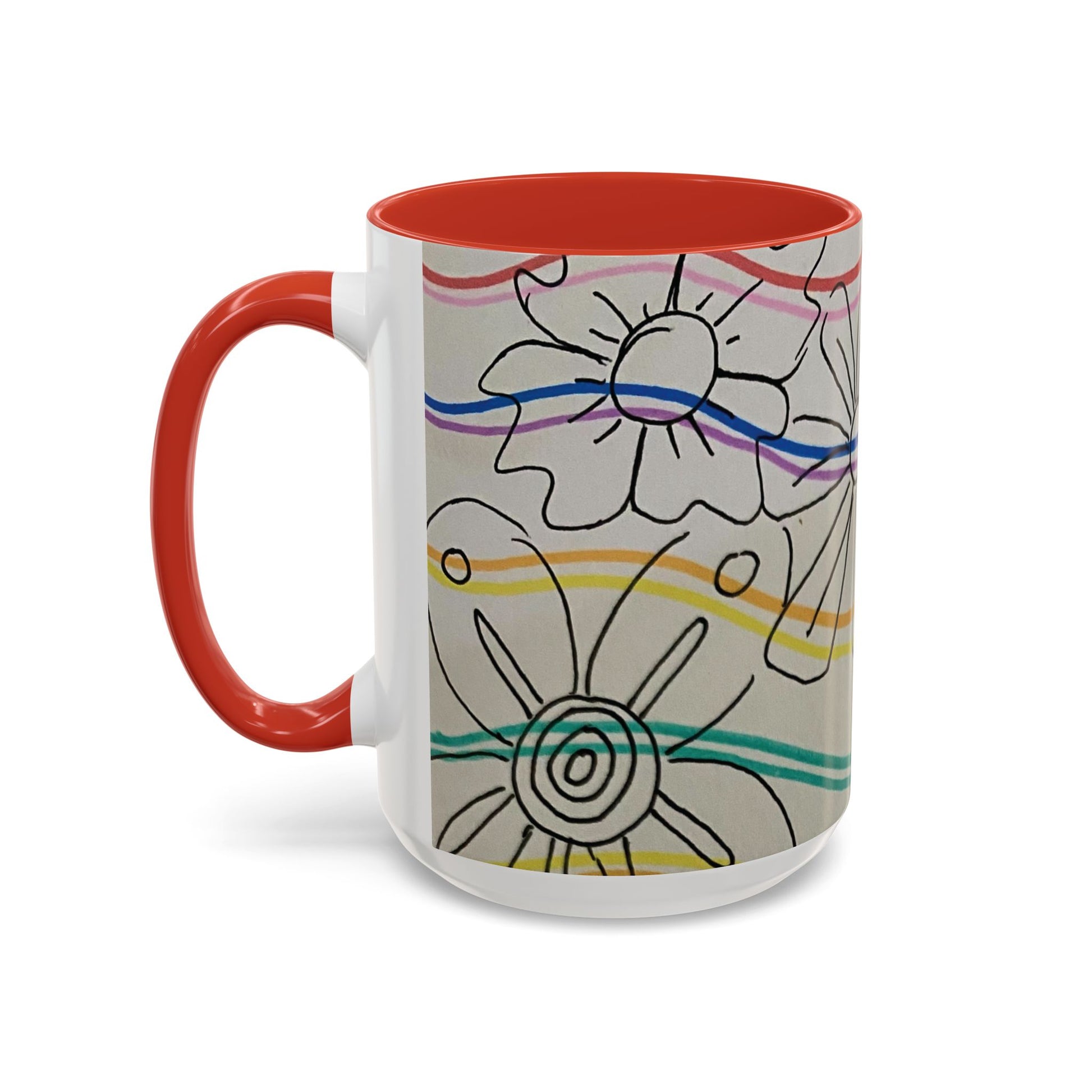 This is the 15oz Red Wavy Flower Accent Mug by Storm Garden Studio. The image showcases view from the handle facing to the left. The handle and inside of mug are color matched. The illustration shows assorted flowers lined in black with waves behind it. There is a gray background to the illustration. There are two and a half flowers shown in the image. The colors are red, pink, blue, purple, yellow and green. The image is against a white background.