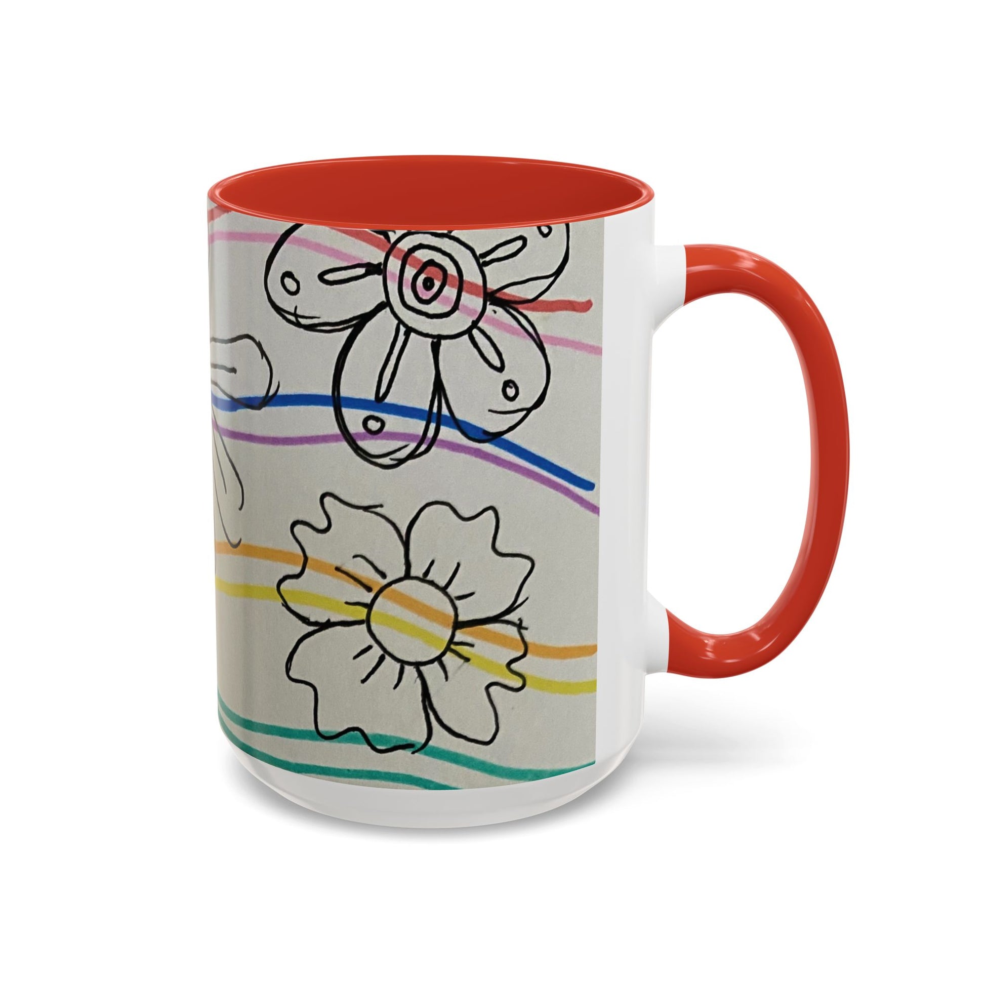 This is the 15oz Red Wavy Flower Accent Mug by Storm Garden Studio. The image showcases view from the handle facing to the right. The handle and inside of mug are color matched. The illustration shows assorted flowers lined in black with waves behind it. There is a gray background to the illustration. There are two flowers shown in the image. The colors are red, pink, blue, purple, yellow and green. The image is against a white background.