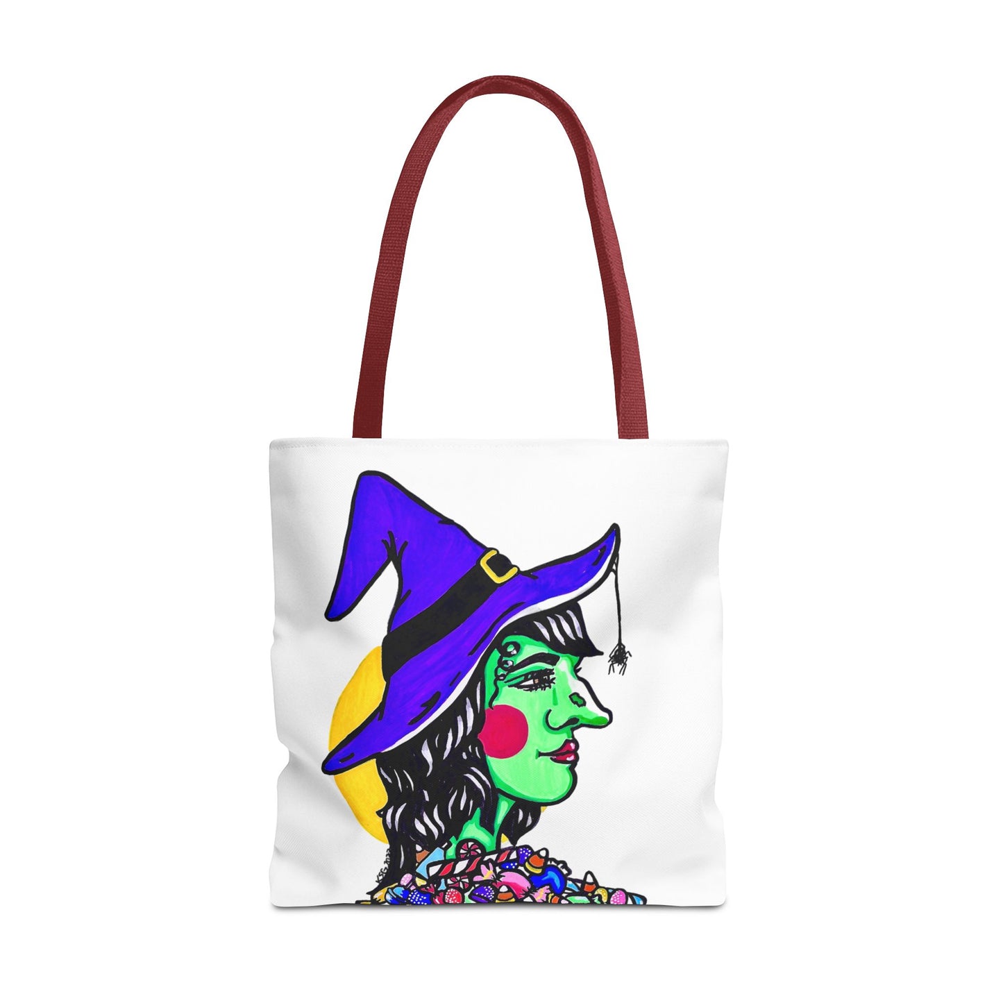 This is the Red 18" x 18" Witch Tote Bag by Storm Garden Studio. The handles are color matched. The tote is all over white except for the illustration. It shows the side profile image of a witch. She is facing the left side. She has a purple witch hat with a black belt, yellow buckle, a spider crawling down the front, red rosy cheeks, red lips and assorted candy under the neck. Behind her is a bright yellow circle past her hair. The tote is against a white background.