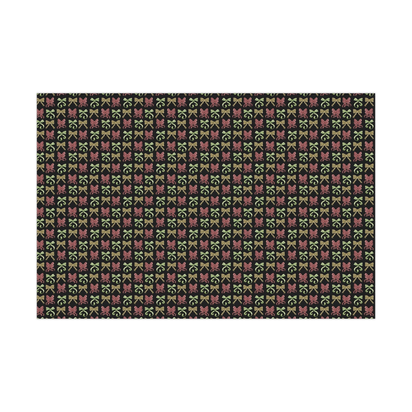 This is the 30" x 20" Matte Ribbon Gift Wrap by Chris Foster Designs. It is multiple illustrations of ribbons in different styles. The colors of the ribbons are red, muted green and a light brown/tan color. Behind the design is a black background. This showcases the image of the wrap flat in front of a white background.