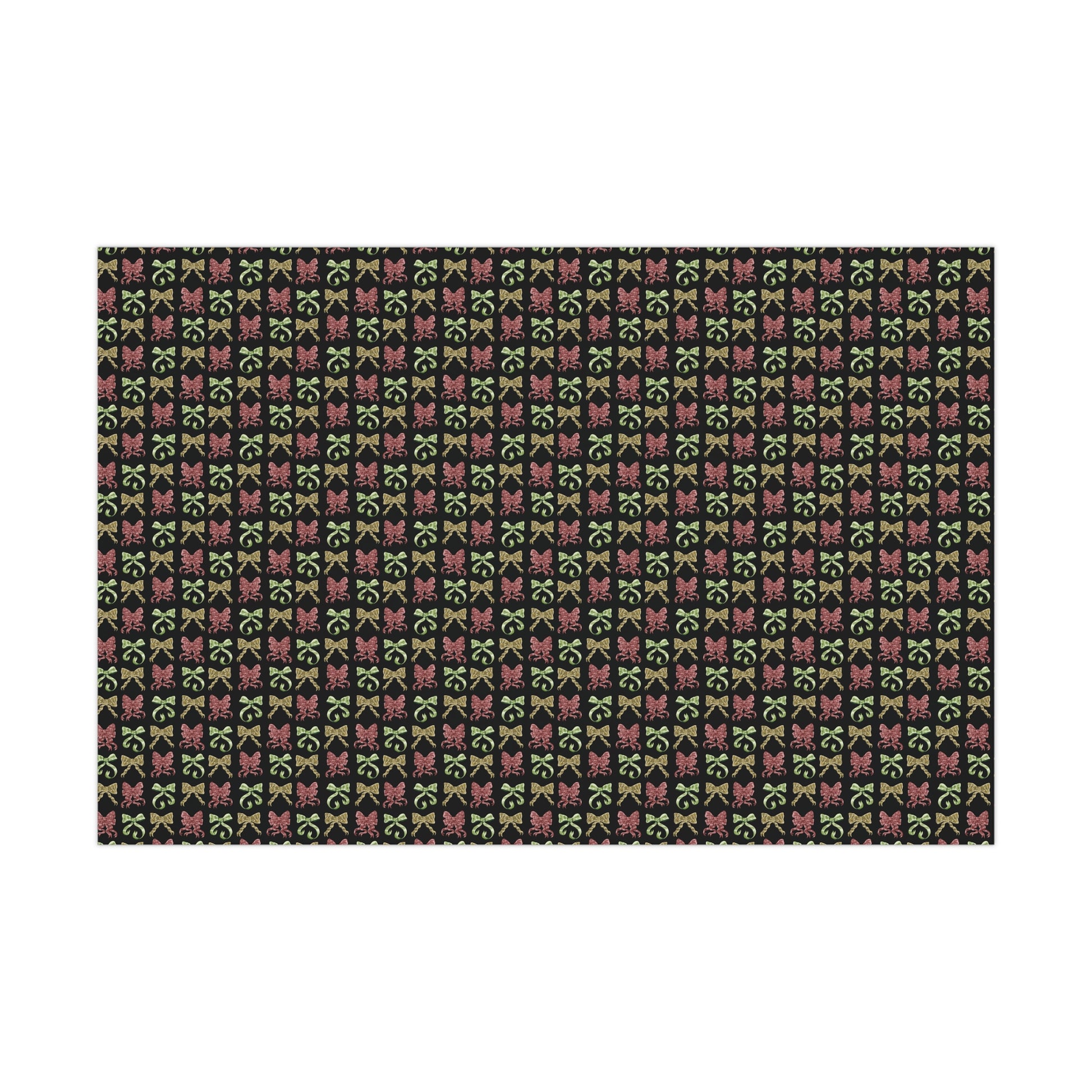 This is the 30" x 20" Matte Ribbon Gift Wrap by Chris Foster Designs. It is multiple illustrations of ribbons in different styles. The colors of the ribbons are red, muted green and a light brown/tan color. Behind the design is a black background. This showcases the image of the wrap flat in front of a white background.