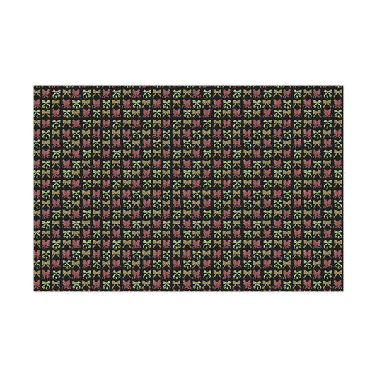 This is the 30" x 20" Satin Ribbon Gift Wrap by Chris Foster Designs. It is multiple illustrations of ribbons in different styles. The colors of the ribbons are red, muted green and a light brown/tan color. Behind the design is a black background. This showcases the image of the wrap flat in front of a white background.