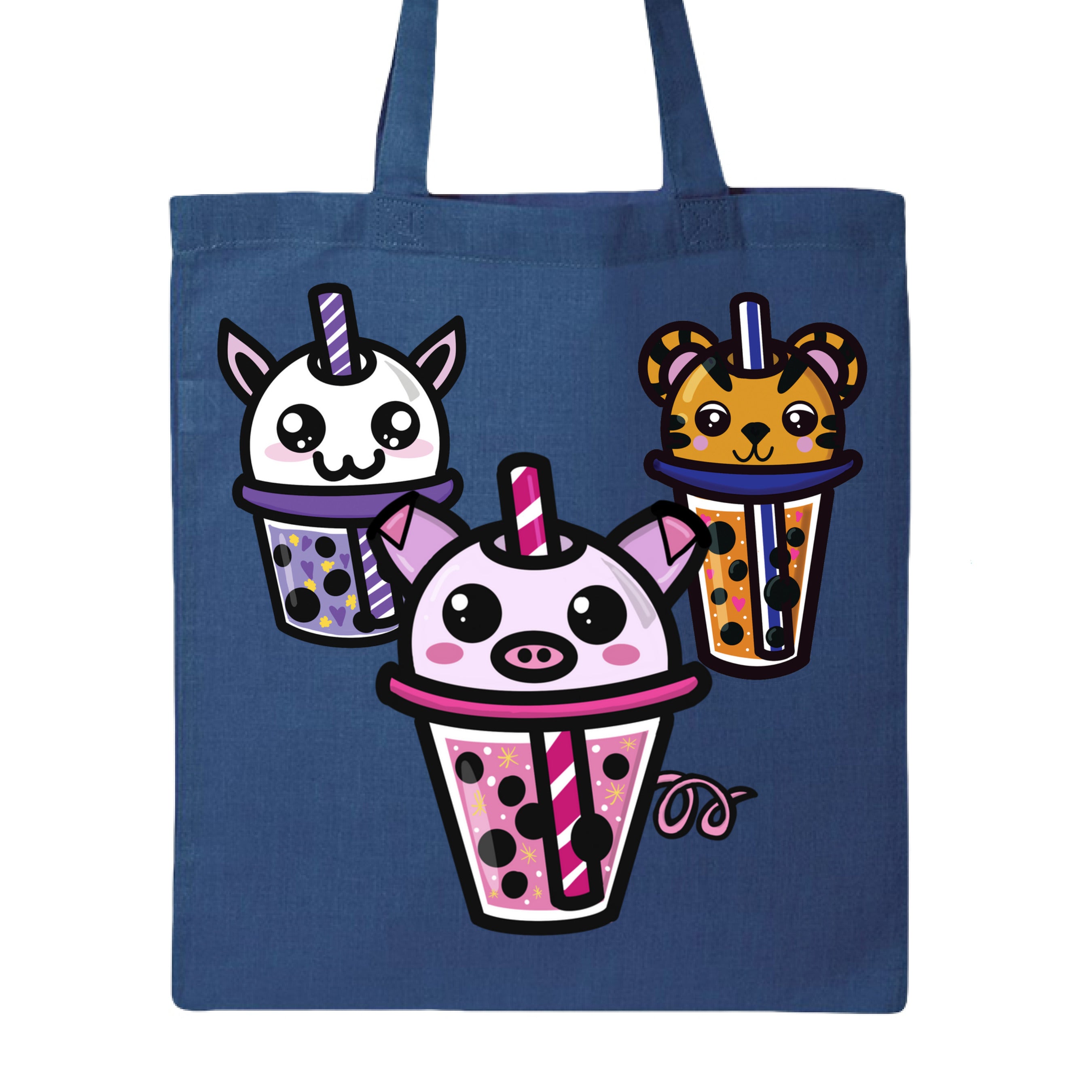 Close-up of Boba Friends canvas tote's sturdy woven handles and vibrant printed characters on durable cotton fabric