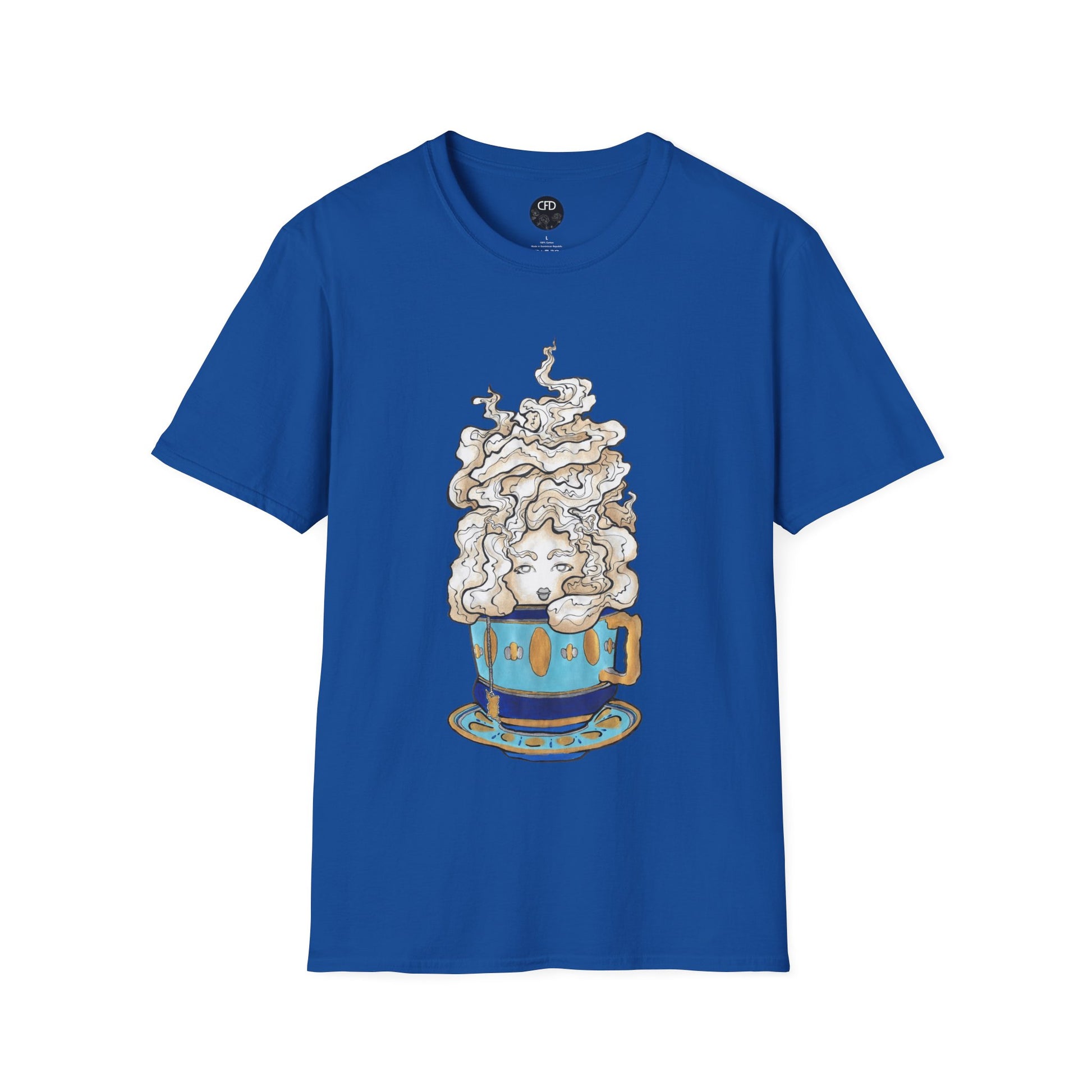 This is the Royal Earl Grey Softstyle T-Shirt by Chris Foster Design. It comes in sizes XS-5XL. The image showcases the front of the shirt. The illustration is of a gold, light blue and dark blue teacup with a tan, yellow and white steam. The steam is swirly and goes up and outwards. In the middle is a lady's face. The t-shirt is against a white background.