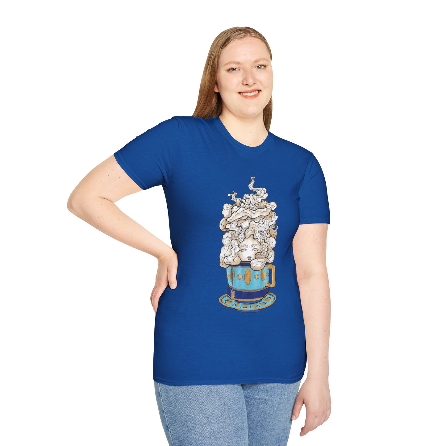 This is the Royal Earl Grey Softstyle T-Shirt by Chris Foster Design. It comes in sizes XS-5XL. The illustration is of a gold, light blue and dark blue teacup with a tan, yellow and white steam. The steam is swirly and goes up and outwards. In the middle is a lady's face. A smiling lady facing the front with her head tilted slightly to the left, hair behind shoulders, right hand on waist, other hand hanging naturally and is wearing dark jeans and the designed t-shirt. 