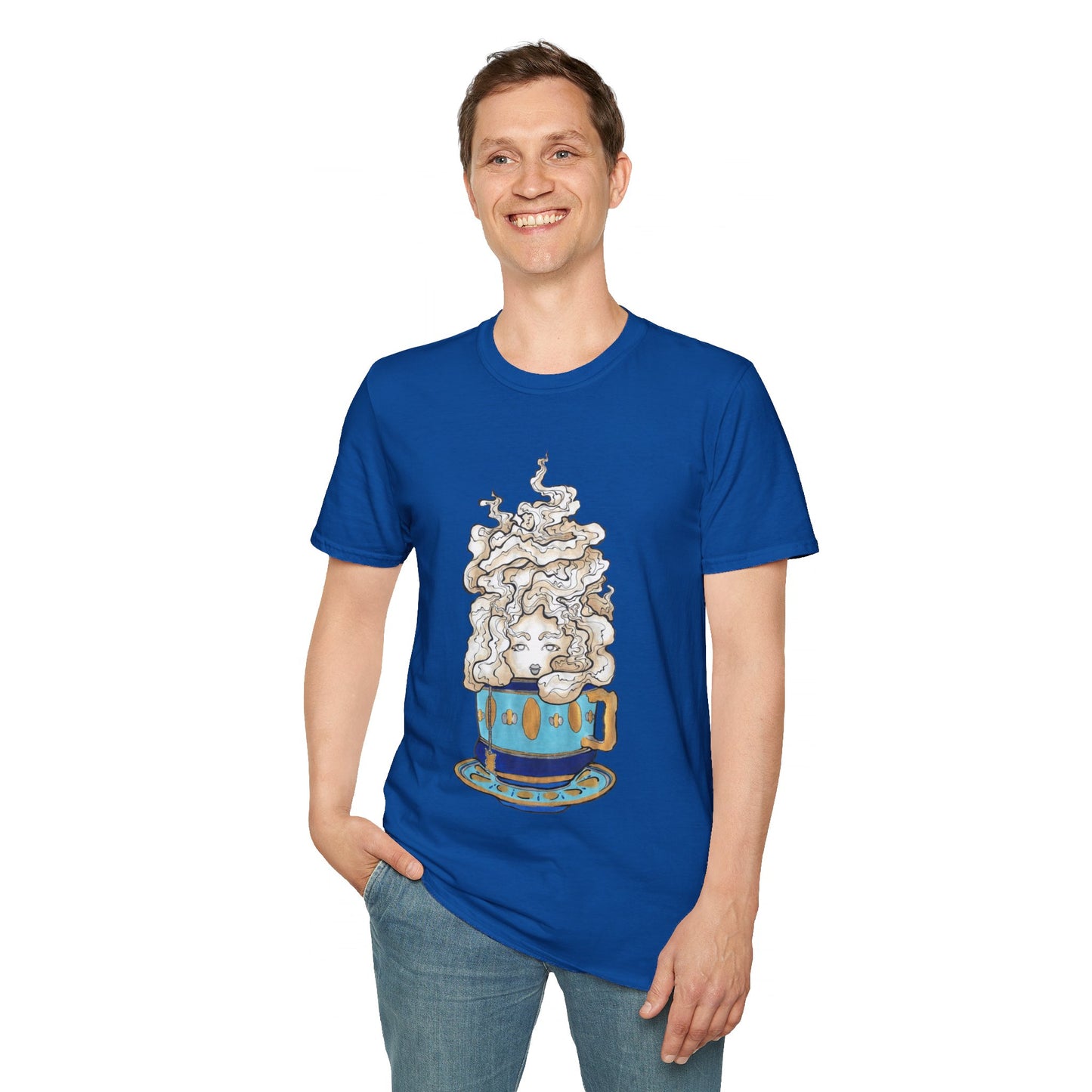 This is the Royal Softstyle T-Shirt by Chris Foster Design. It comes in sizes XS-5XL. The illustration is of a gold, light blue and dark blue teacup with a tan, yellow and white steam. The steam is swirly and goes up and outwards. In the middle is a lady's face. A smiling man has his right hand in the jean pocket wearing the shirt and the other hand by his side. He is slightly looking to the left while standing against a white background.