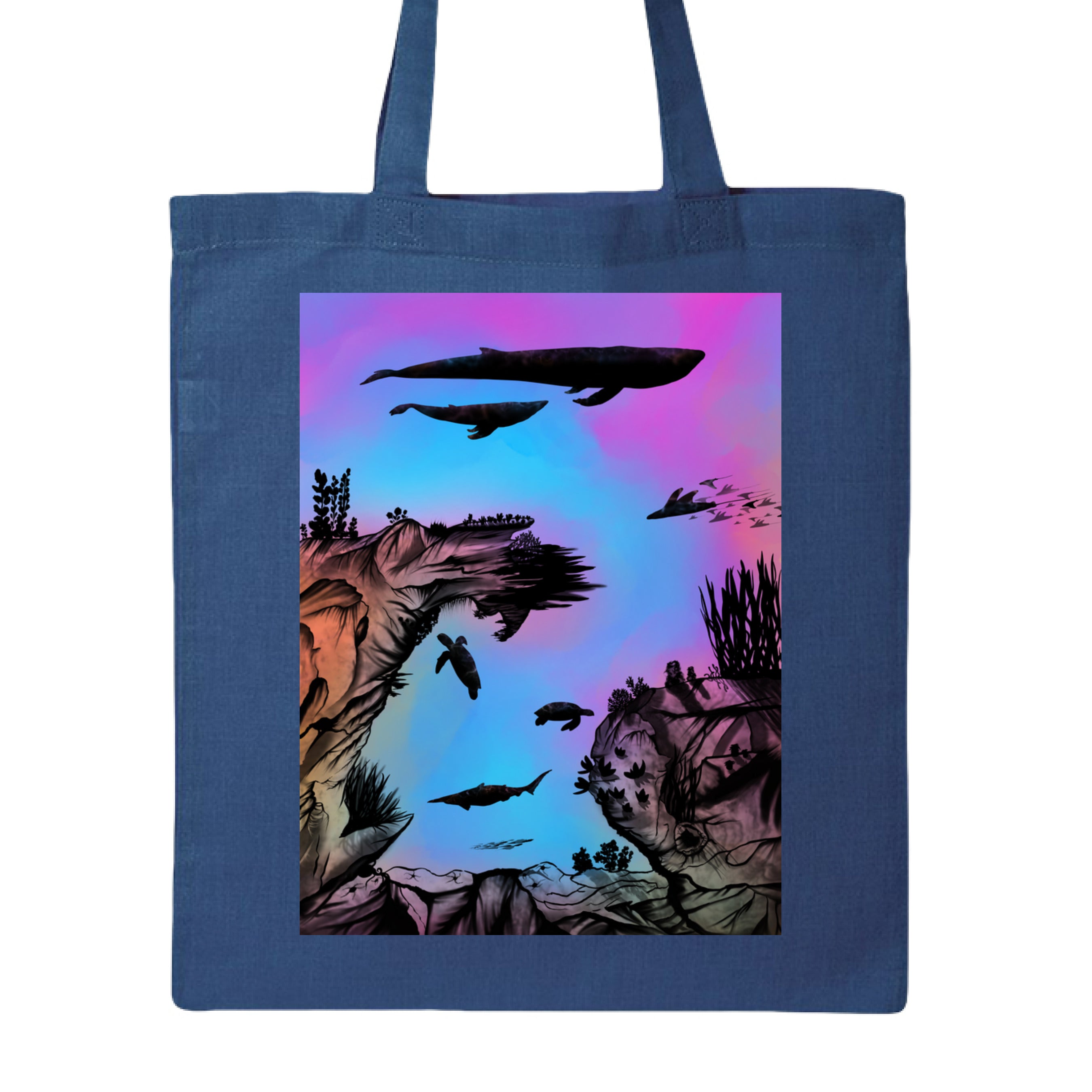Into the Abyss canvas tote bag by The Art Collective International, organic cotton, black with white ink artwork, 15x14