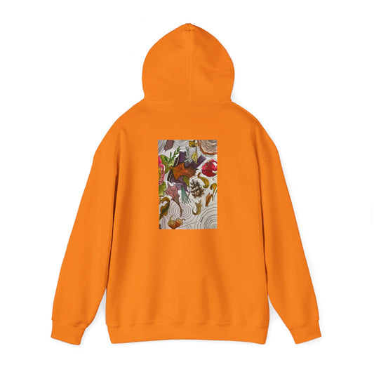 This is the Safety Orange Fall is falling Heavy Blend Hooded Sweatshirt by Storm Garden Studio. It comes in sizes S-5XL. The image is from the back with the hood up to show the shoulder area. The drawstring is color matched. The illustration is within a rectangle starting from the upper back to mid back. There are various conifers like leaves,pine cones,etc. There are also some flowers and a tree trunk ring.The colors are red, yellow, dark brown, purples, and green. It is against from a white background.