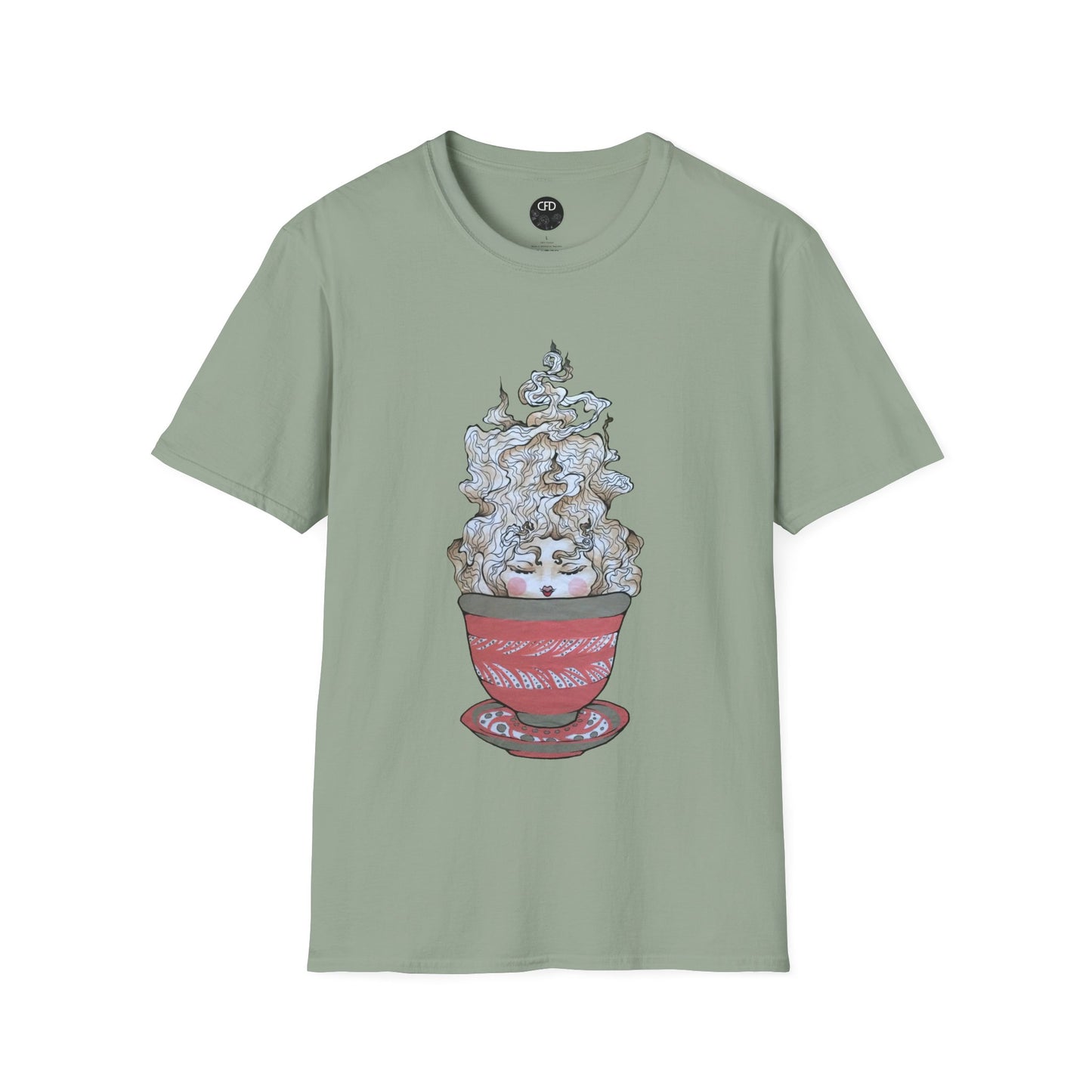 This is the Sage Green Tea T-Shirt by Chris Foster Design.It comes in sizes XS-5XL. A red,white and dark green teacup with plate set. The mist from the teacup is white and red going upwards. There is a lady face in the middle of the teacup with red blushing cheeks, red open lips and eyebrows that float outwards. This is against a white background.