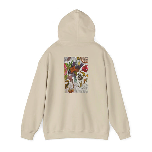 This is the Sand Fall is falling Heavy Blend Hooded Sweatshirt by Storm Garden Studio. It comes in sizes S-5XL. The image is from the back with the hood up to show the shoulder area. The drawstring is color matched. The illustration is within a rectangle starting from the upper back to mid back. There are various conifers like leaves,pine cones,etc. There are also some flowers and a tree trunk ring.The colors are red, yellow, dark brown, purples, and green. It is against from a white background.