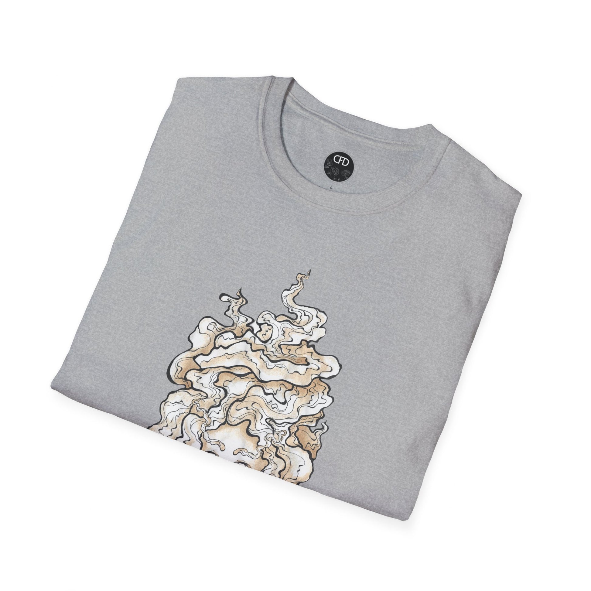 This is the Sport Grey Earl Grey Softstyle T-Shirt by Chris Foster Design. It comes in sizes XS-5XL. The image showcases the front of the shirt folded. The illustration that can be seen is the steam is swirly and goes up and outwards. In the middle is a lady's face that is seen a little. The inside of the shirt has the Chris Foster Design circular logo in black, flowers and writing is white. The size label is black. The t-shirt is against a white background.