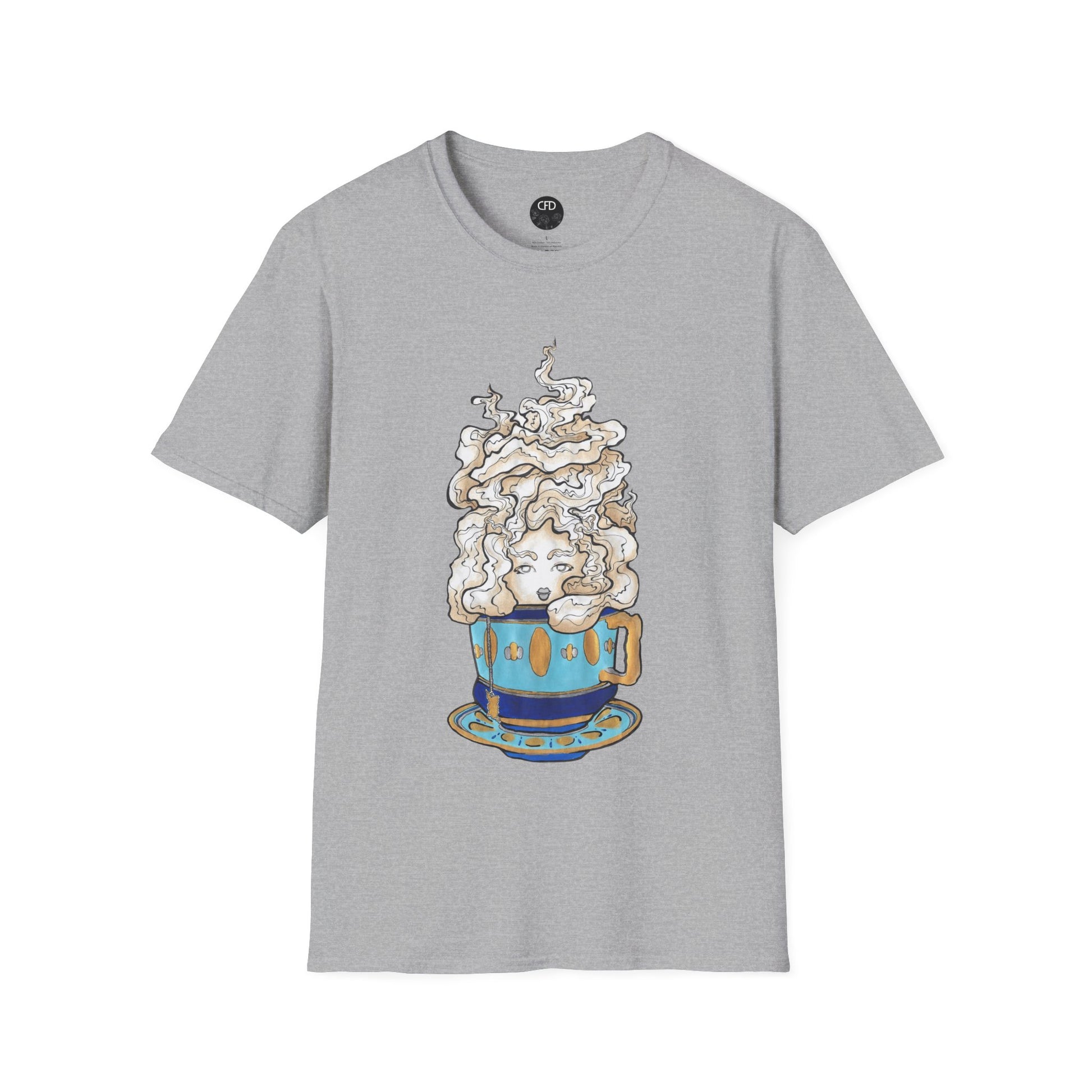 This is the Sport Grey Earl Grey Softstyle T-Shirt by Chris Foster Design. It comes in sizes XS-5XL. The image showcases the front of the shirt. The illustration is of a gold, light blue and dark blue teacup with a tan, yellow and white steam. The steam is swirly and goes up and outwards. In the middle is a lady's face. The t-shirt is against a white background.