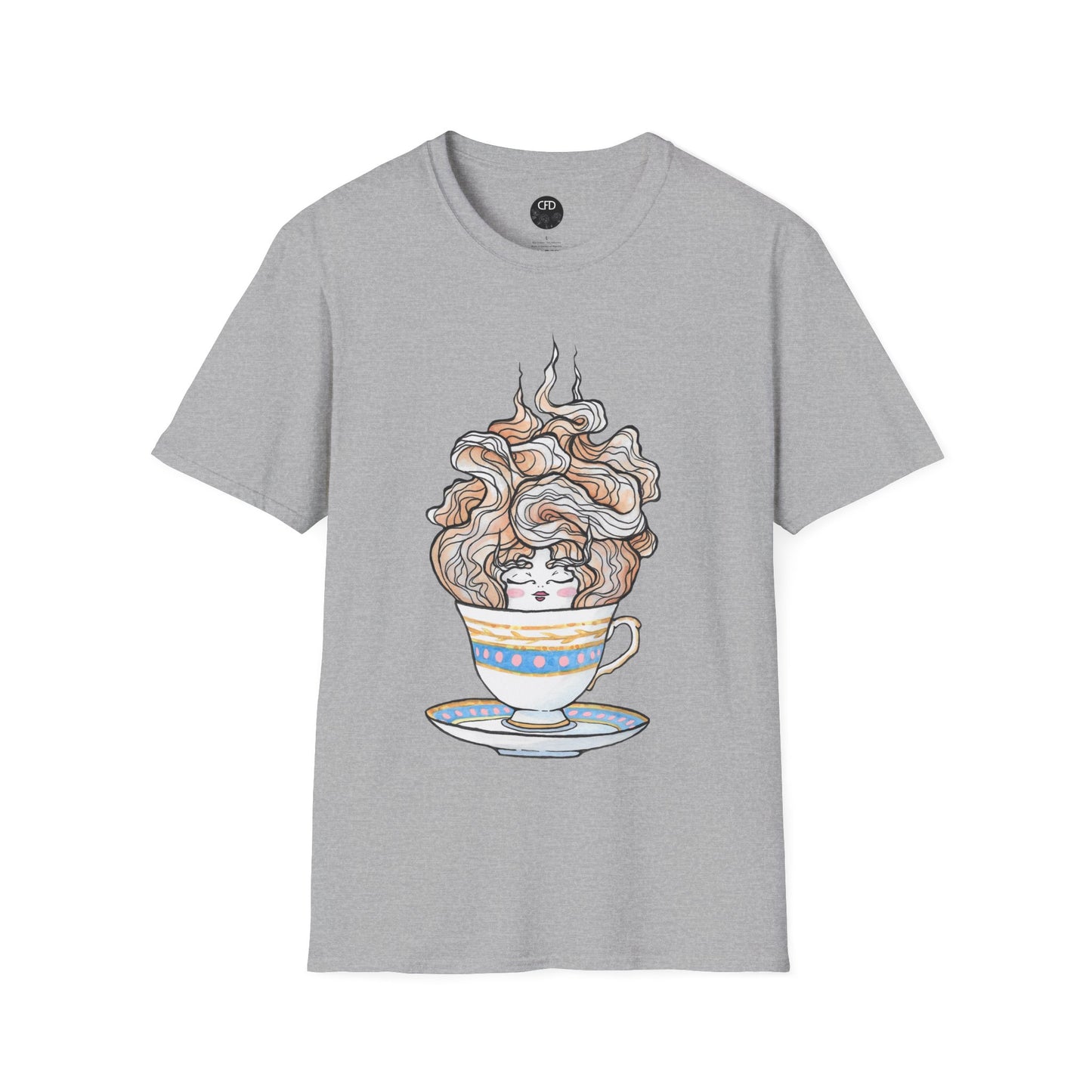 This is the Sport Grey English Breakfast Tea T-Shirt by Chris Foster Design. It comes in sizes XS-5XL. This is an image of the front with a circular CFD logo in white lettering and black background. The size label is below the logo in black. A teacup that is light blue, yellow and white with light pink, white and red steam that is going upwards. There is a lady's face in the middle and beginning of the teacup with her eyes closed, red lips, blushing pink cheeks. and eyebrows that go upward. 