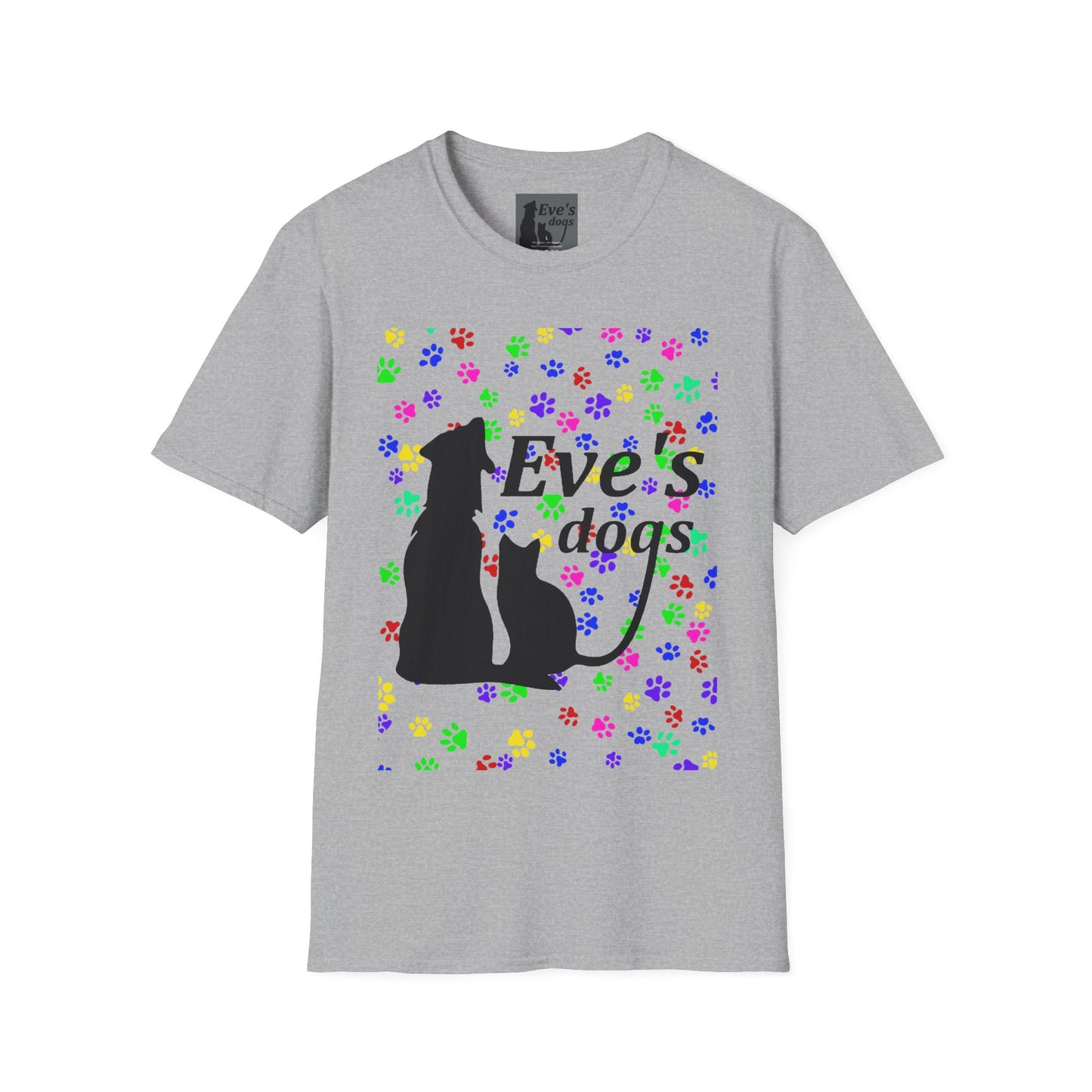 This is the Sport Grey Adopt Eve's Dogs T-Shirt. It comes in XS - 5XL. This is an image of the front of the shirt. The size label is a grey and black tag with a dog and cat with the "Eve's dogs" writing. The front has pink, green, blue, purple, red paw prints in different sizes. Also, the dog and cat with "Eve's dogs" printed in black. The illustration has a clear background so you see the paw prints, animals and the text print on color of shift. The shirt is against a white background.