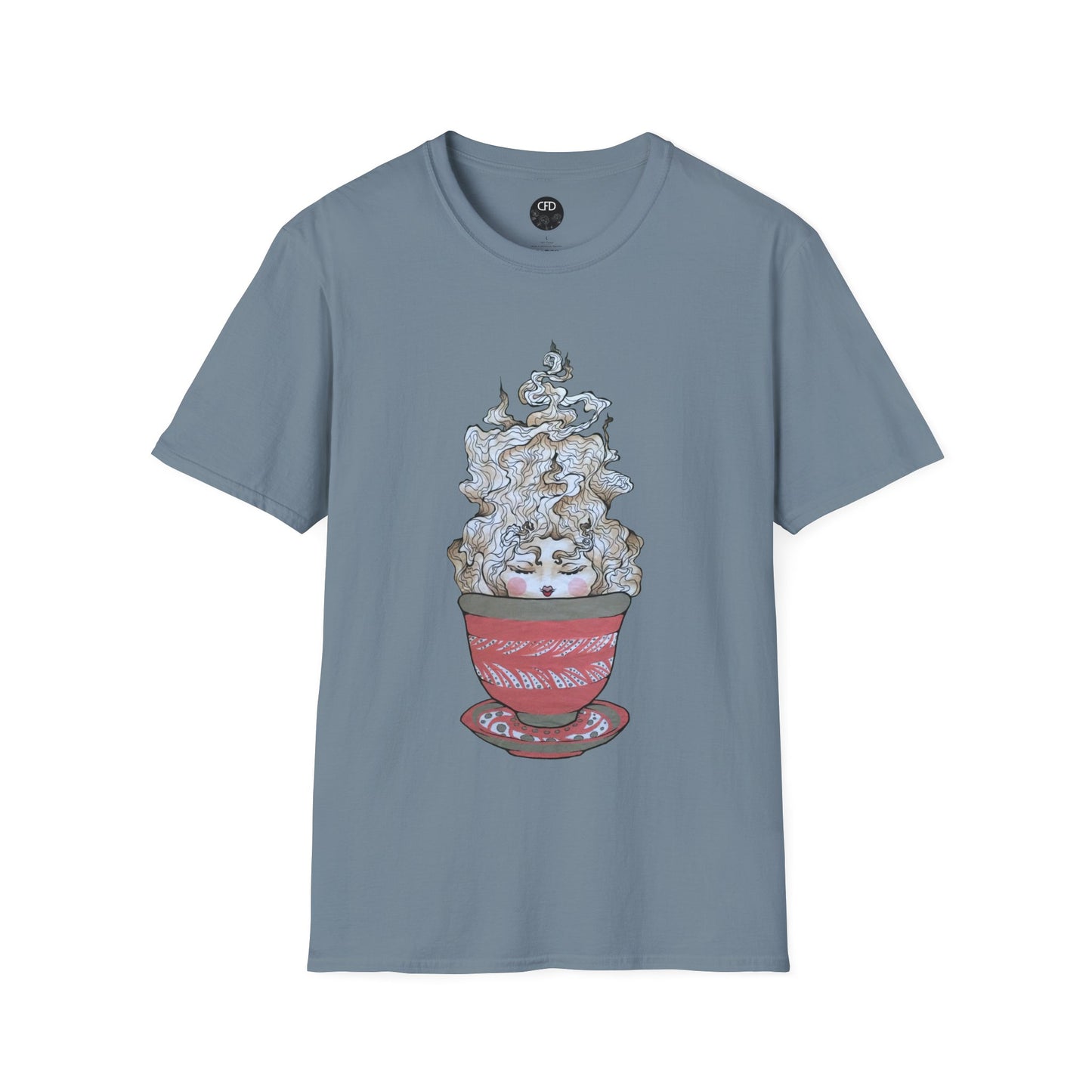 This is the Stone Blue Green Tea T-Shirt by Chris Foster Design.It comes in sizes XS-5XL. A red,white and dark green teacup with plate set. The mist from the teacup is white and red going upwards. There is a lady face in the middle of the teacup with red blushing cheeks, red open lips and eyebrows that float outwards. This is against a white background.