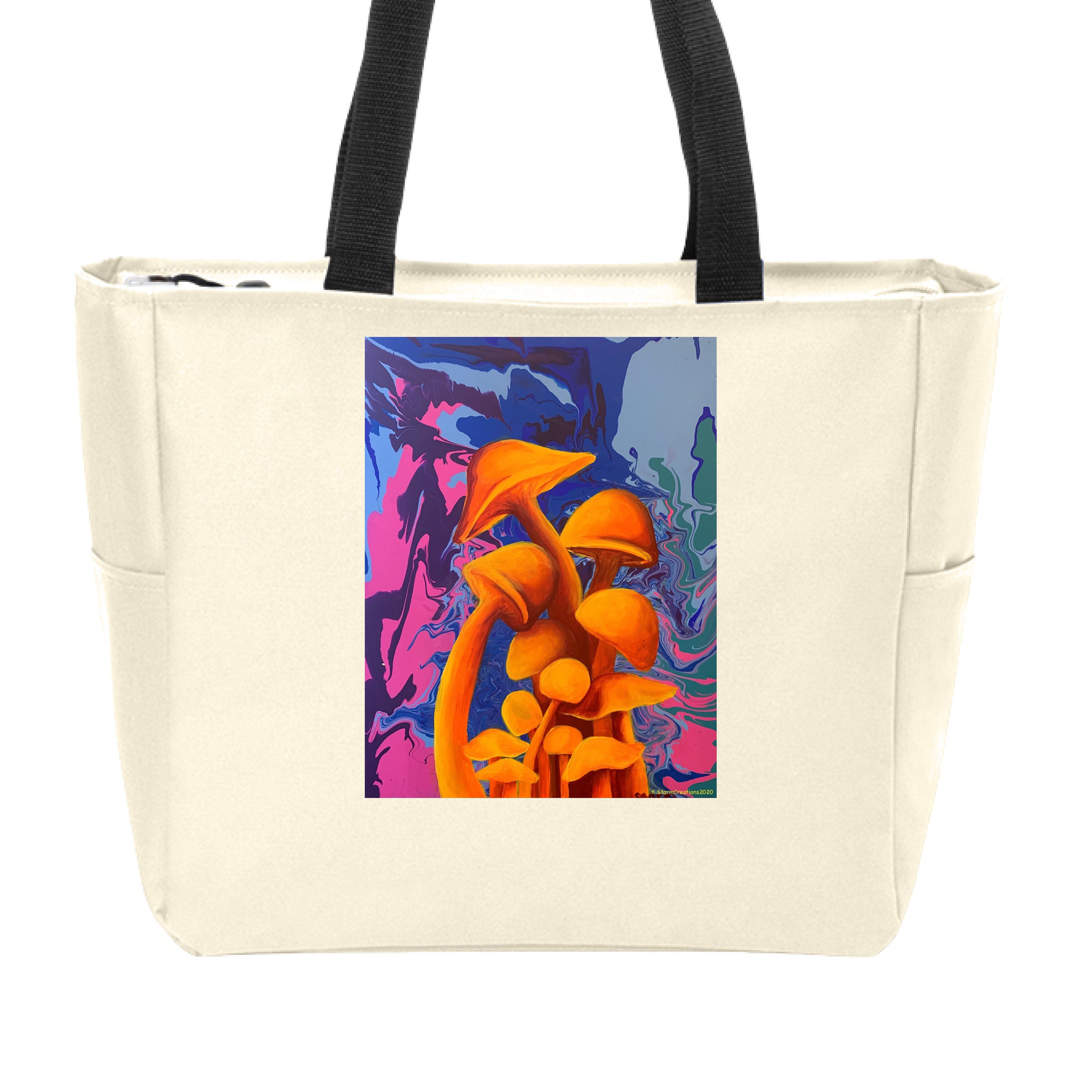 The Art Collective International Mushroom Zip Tote bag featuring beige canvas fabric with embroidered mushroom design and