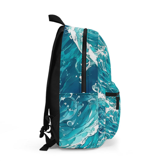 This is the all around print Swirling Seas Backpack by Lee Hansheng Studios. This shows the left side of the backpack with one large zipper and two shoulder straps. The illustration is multiple crashing waves of different sizes from left to right with white, light blue and blue colors. It is against a white background.