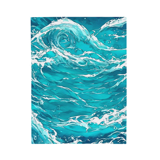 The Swirling Seas design by Lee Hansheng Studios has beautiful waves in, hues of blues and greens, with white foam caps. Displayed on white background.