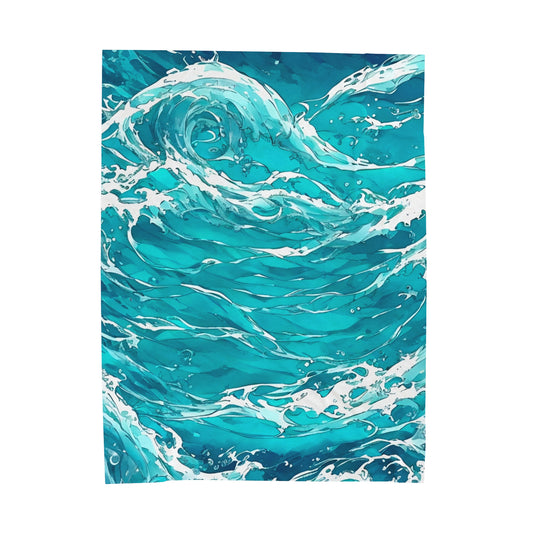 The Swirling Seas design by Lee Hansheng Studios is designed with motion filled waves in, hues of blues and greens, with white foam caps. Displayed on white background.