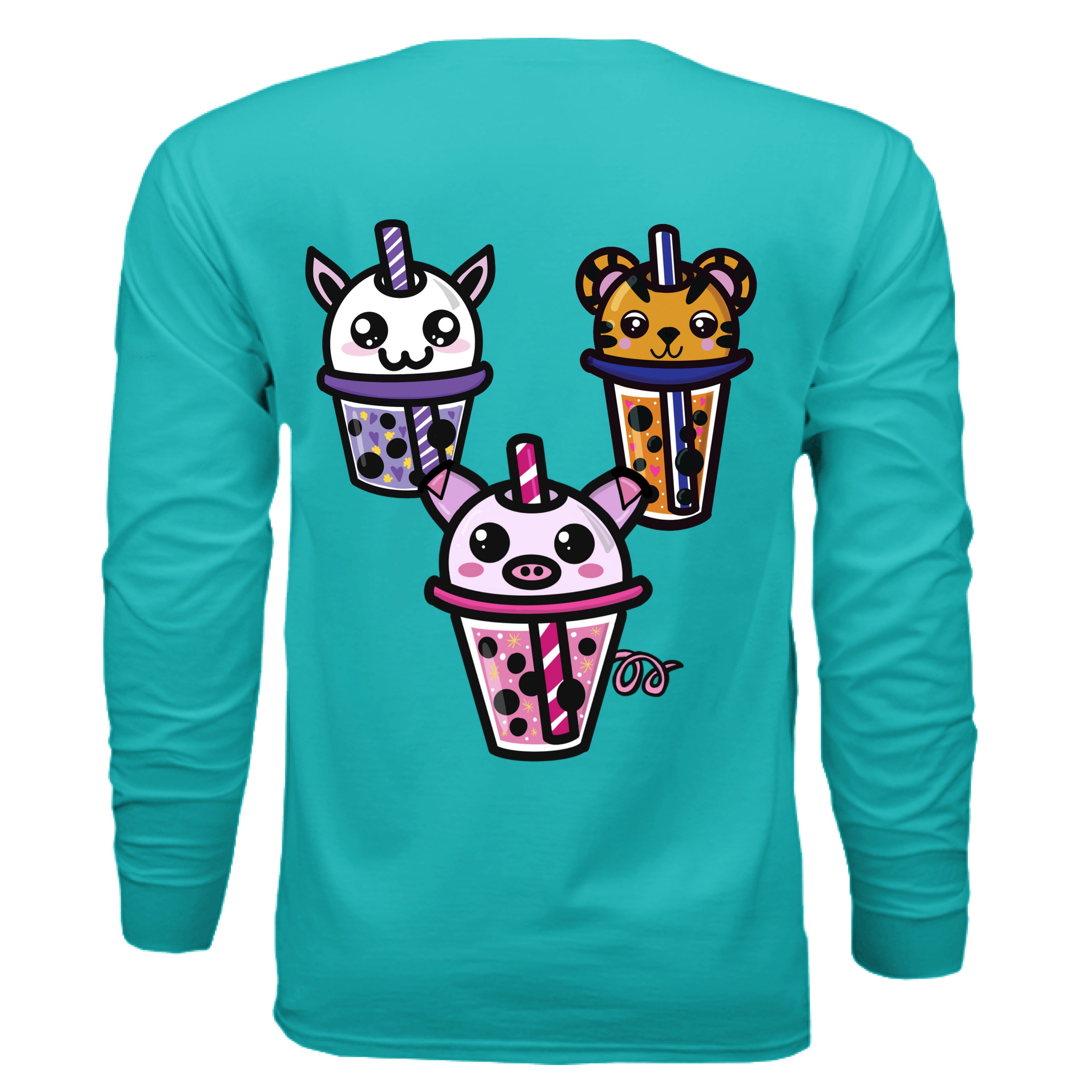 Close-up of the Boba Friends Long Sleeve’s soft cotton fabric showing subtle textured knit and vibrant teal color from the
