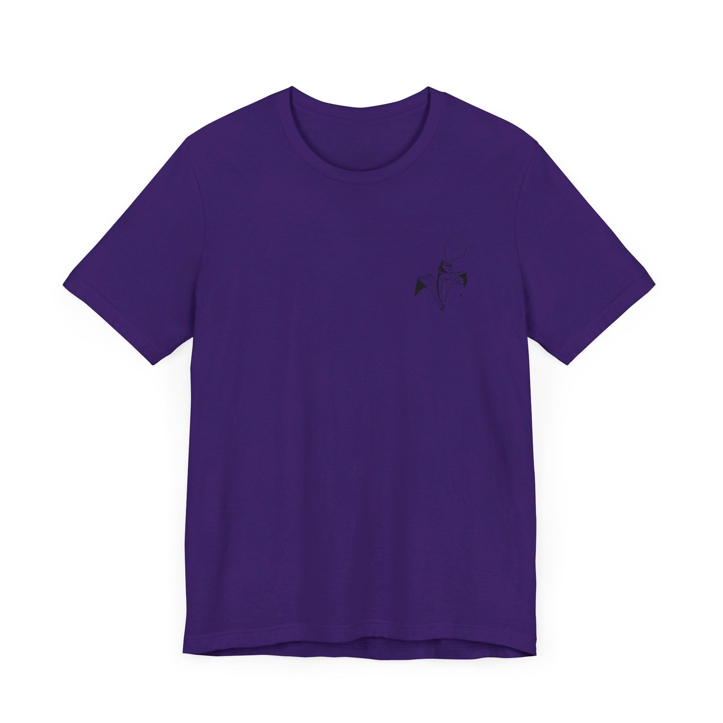 This is the Team Purple The City Jersey T-Shirt by Storm Garden Studio. This showcases the front of the shirt. There is the Storm Garden Studio logo on the left breast area. The logo is a plant with two leaves and a lightbulb as the flower. It is all printed in black. The t-shirt is against a white background.