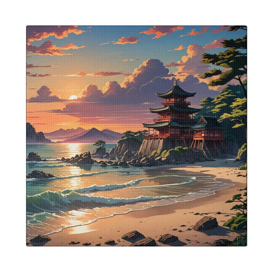This is the 10" x 10" Temple of Peace 0.75" depth Matte Canvas by Lee Hansheng Studios.The illustration shows a setting red/orange sun above clouds,two blue roof,brown/red walled temples on the right on top of the hills,mountains,blue/white waves into sand and a forest to the right.On the bottom right corner is the logo printed in black for the studio and outlined in blue. The canvas on a white wall. 