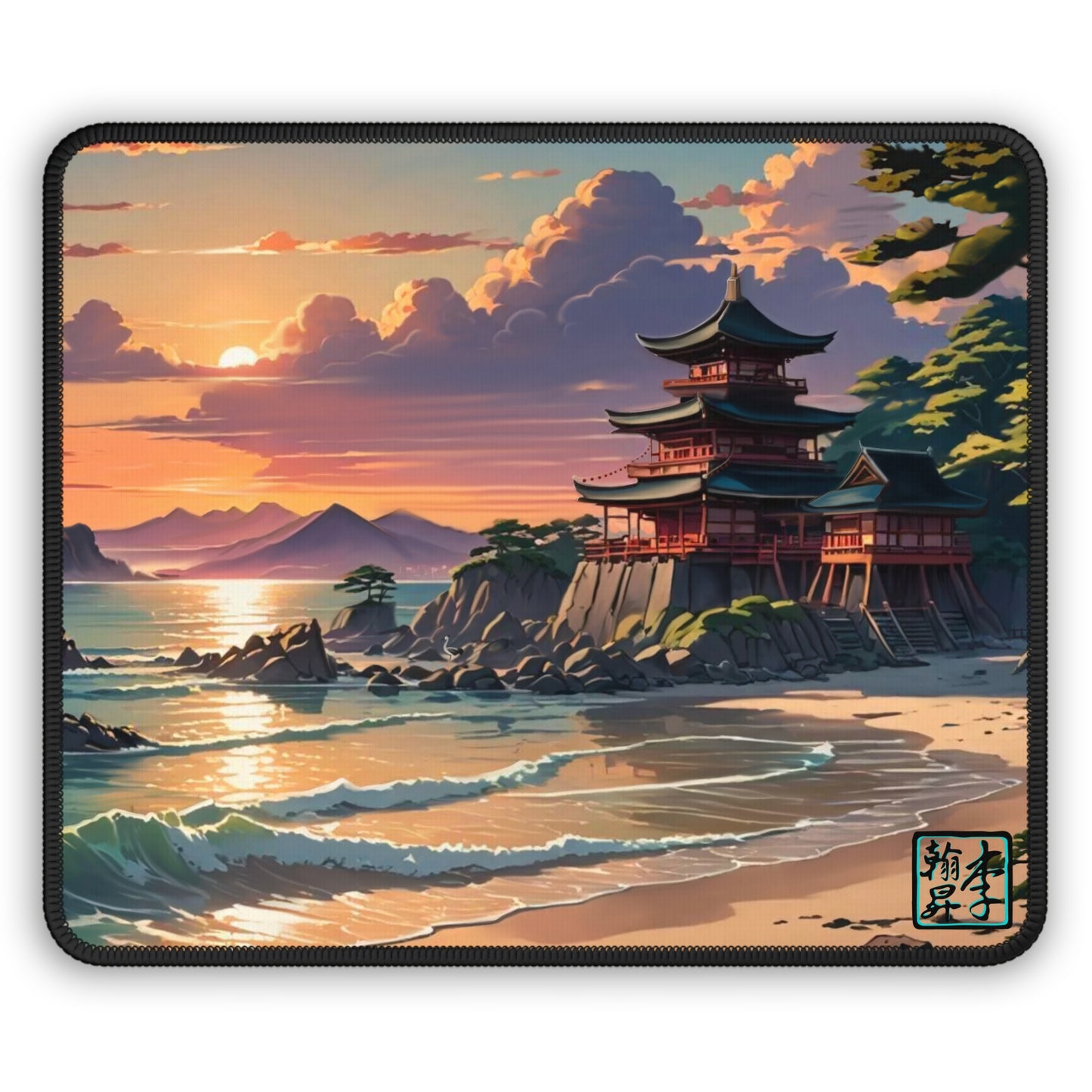 This is the Rectangular 9" x 7" Temple of Peace Mouse Pad by Lee Hansheng Studios. The illustration shows a setting red/orange sun above the clouds, blue roofed brown/red walled temple on the right on top of the hills, couple of mountains to the left, crashing blue/white waves into the tan sand and a green forest to the right. There are two temples, one is 3 stories and the other is 1 story closer to the foreground. On the bottom right corner is the logo printed in black for the studio and outlined in blue.