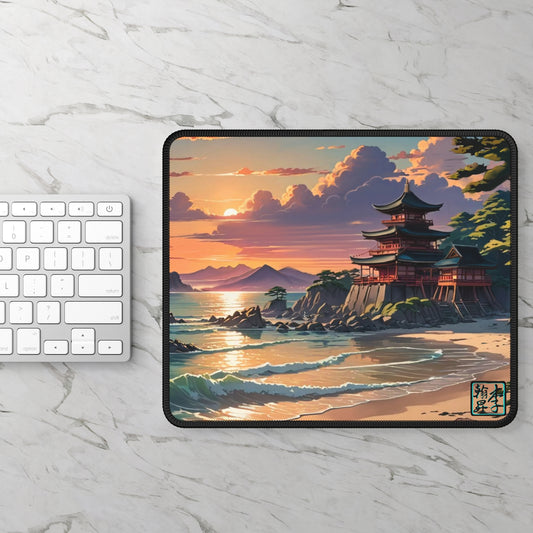 This is the Rectangular 9" x 7" Temple of Peace Mouse Pad by Lee Hansheng Studios.The illustration shows a setting red/orange sun above the clouds,blue roofed brown/red walled temple on the right on top of the hills,couple of mountains to the left,crashing blue/white waves into the tan sand and a green forest to the right.There are two temples at the foreground.The bottom right corner is the logo printed in black and outlined in blue.There's a white/silver keyboard and both are on a white marbled top.