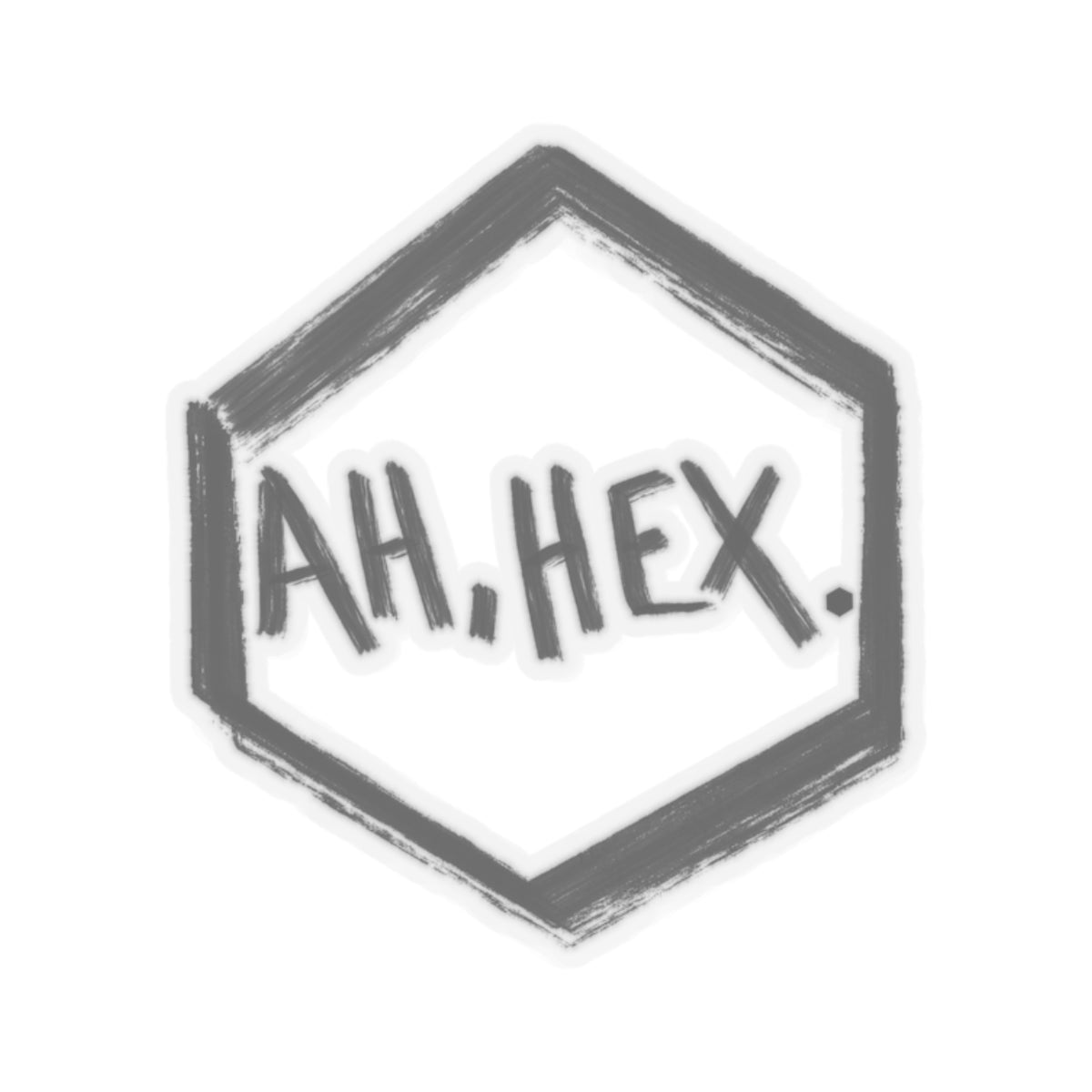 This is the Transparent 2" x 2" Ah, Hex Kiss-Cut Sticker by Tidy Tea Witch. The writing is in black and says. "AH, HEX." in the middle of the sticker. There is no illustration or image on it but is hexsagon shaped. It is against a white background.