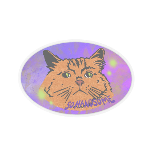 This is the Transparent 2" x 2" Uzu So Handsome Kiss-cut Sticker by Tidy Tea Witch. It is a circular sticker with a pink and purple background. The orange long-haired tabby cat is in the middle with purple lettering saying, "SO HANDSOME", the background is dreamy with mixes of pink and purple with 4 yellow stars around Uzu that are more circular fading. The sticker is against a white background.