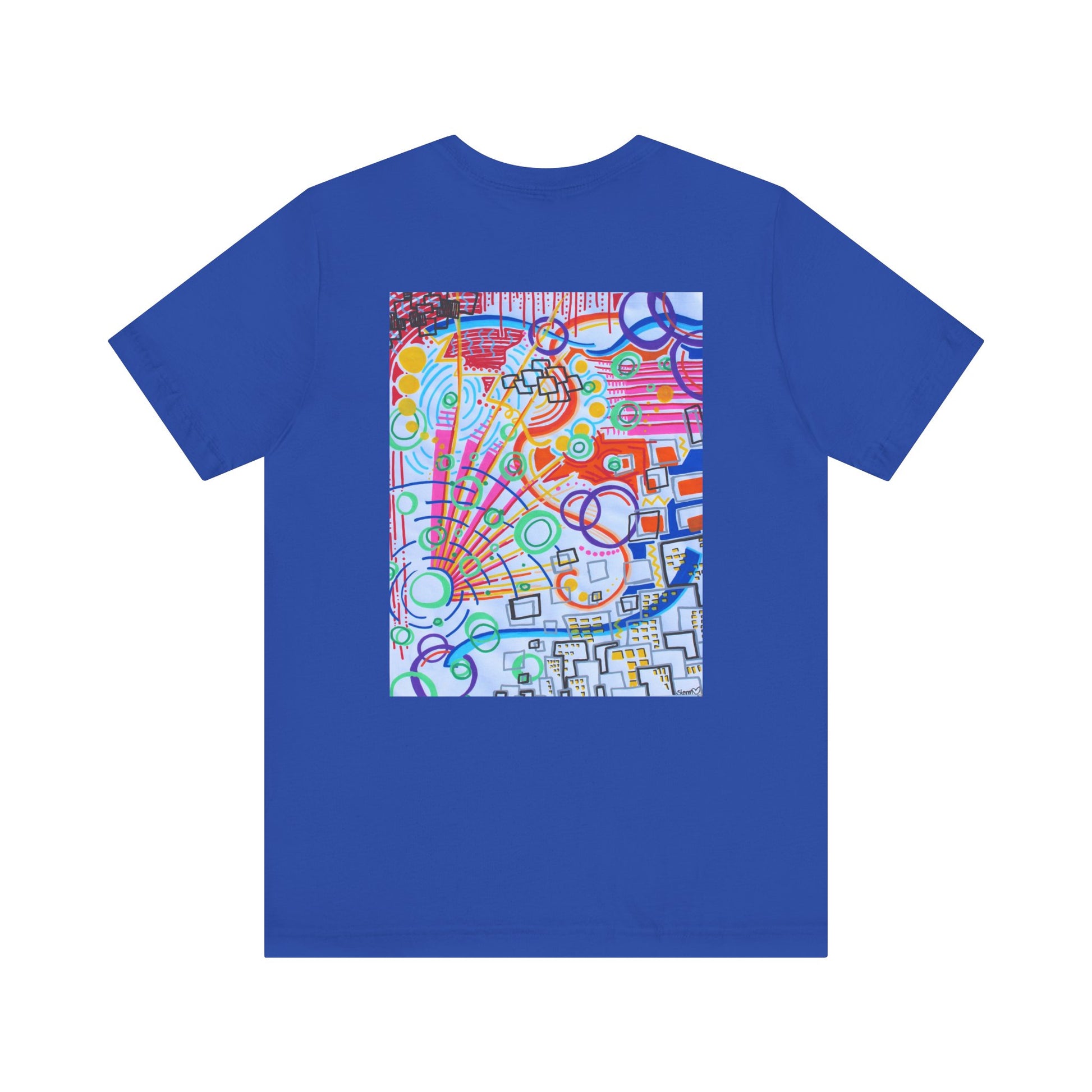 This is the True Royal The City Jersey T-Shirt by Storm Garden Studio. This showcases the back of the shirt. The image is from the upper back to the mid waist. The illustration is rectangular shaped and  has multitude of colors like blue, red, pink, yello, green and light blue. It is an abstract image with bluding shpaes, circles and squiggles. This is against a white background.