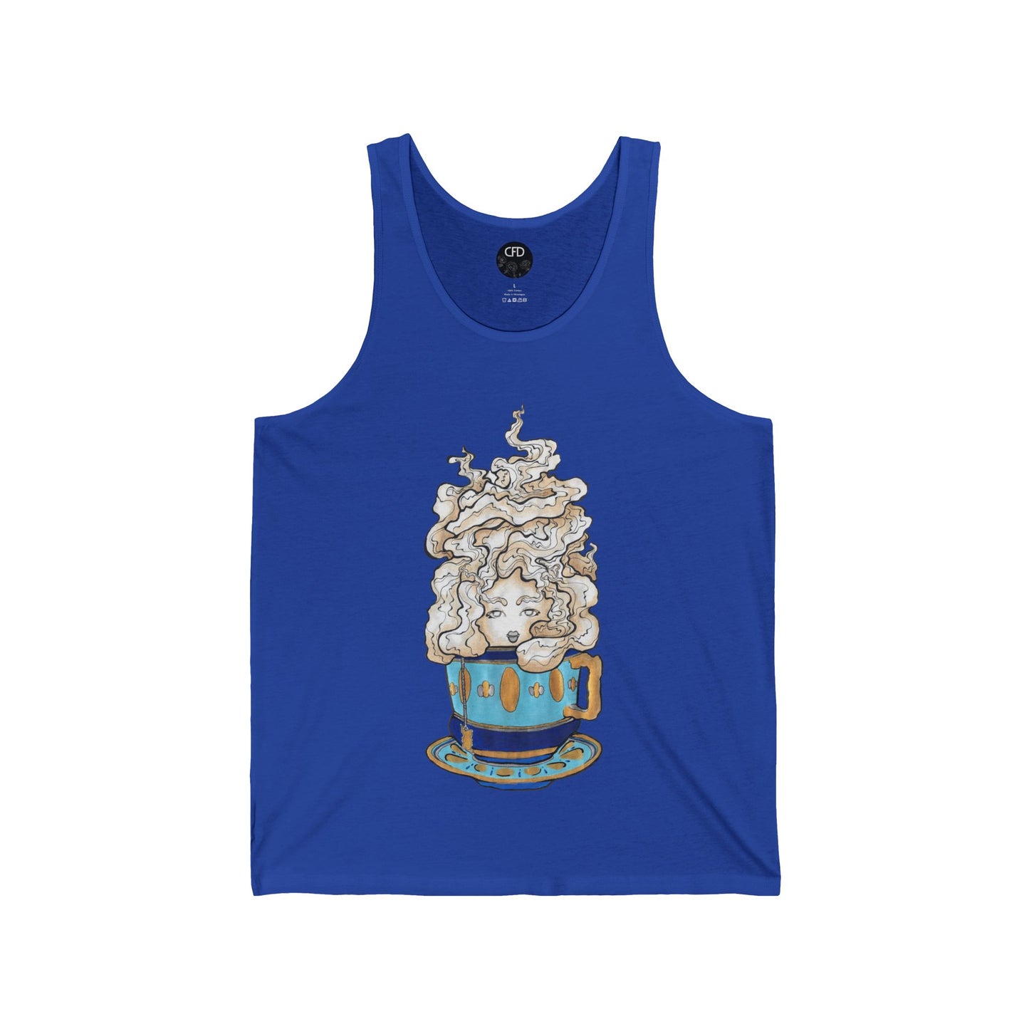 This is the True Royal Earl Grey Tank by Chris Foster Design. This showcases the front of the tank. The illustration is of a gold, light blue and dark blue teacup with a tan, yellow and white steam. The steam is swirly and goes up and outwards. In the middle is a lady's face. The circular studio logo is on the inside of the tank printed in white, the size label is printed in white. It is against a white background.