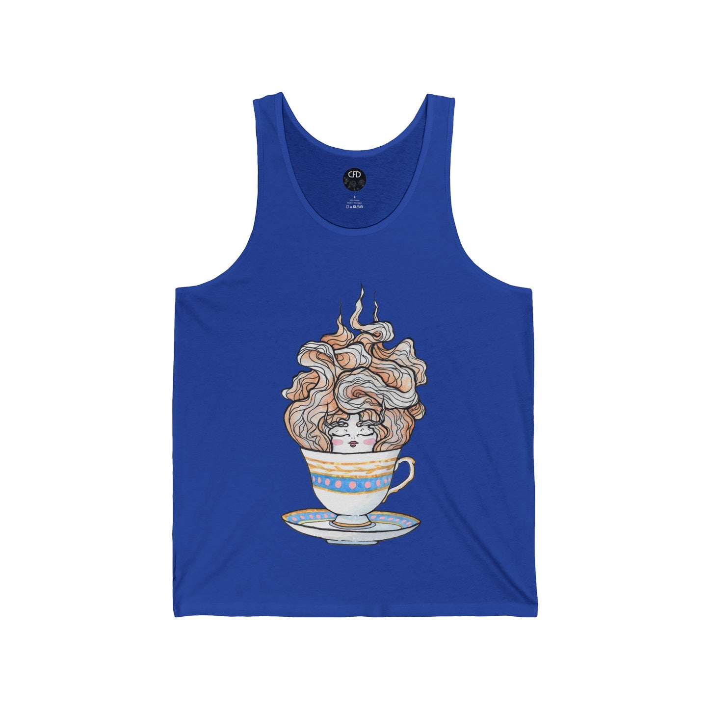 This is the True Royal English Breakfast Tea Tank by Chris Foster Design. It comes in sizes XS-2XL. This is an image of the front with a circular CFD logo in white lettering and black background. The size label is below the logo in white. A teacup that is light blue, yellow and white with light pink, white and red steam that is going upwards. There is a lady's face in the middle and beginning of the teacup with her eyes closed, red lips, blushing pink cheeks. and eyebrows that go upward. 