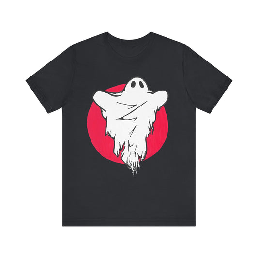 This is the Vintage Black Ghost T-Shirt by Storm Garden Studio. This comes in sizes S - L. This showcases the front of the shirt. It is the color of the shirt. There is a white ghost in the middle of the shirt and surround by a red circle. It looks like the ghost is trying to scare you. It is against a white background.