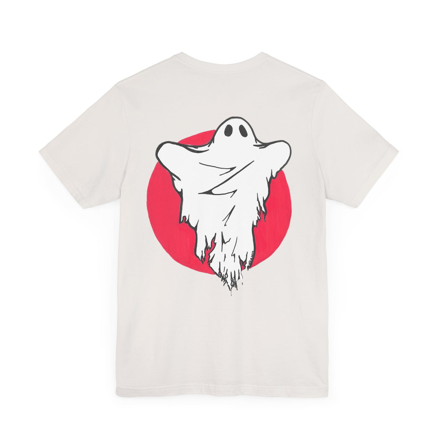 This is the Vintage White Ghost T-Shirt by Storm Garden Studio. This comes in sizes S - L. This showcases the back of the shirt. It is the color of the shirt. There is a white ghost in the middle of the shirt and surround by a red circle. It looks like the ghost is trying to scare you. It is against a white background.