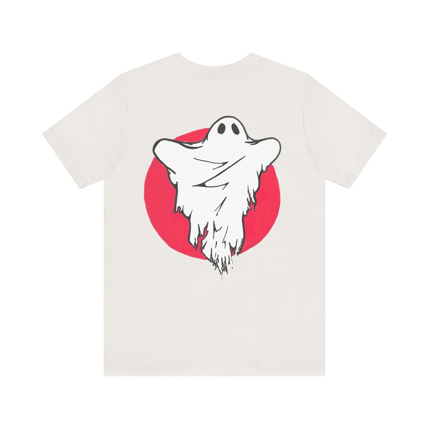 This is the Vintage White Ghost T-Shirt by Storm Garden Studio. This comes in sizes S - L. This showcases the back of the shirt. It is the color of the shirt. There is a white ghost in the middle of the shirt and surround by a red circle. It looks like the ghost is trying to scare you. It is against a white background.