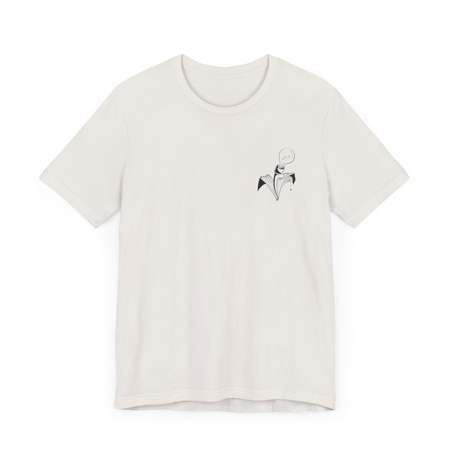 This is the Vintage White Ghost T-Shirt by Storm Garden Studio. This comes in sizes S - L. This showcases the front of the shirt. It is the color of the shirt with Storm Garden Studio logo printed in black by the left breast area. It is against a white background.