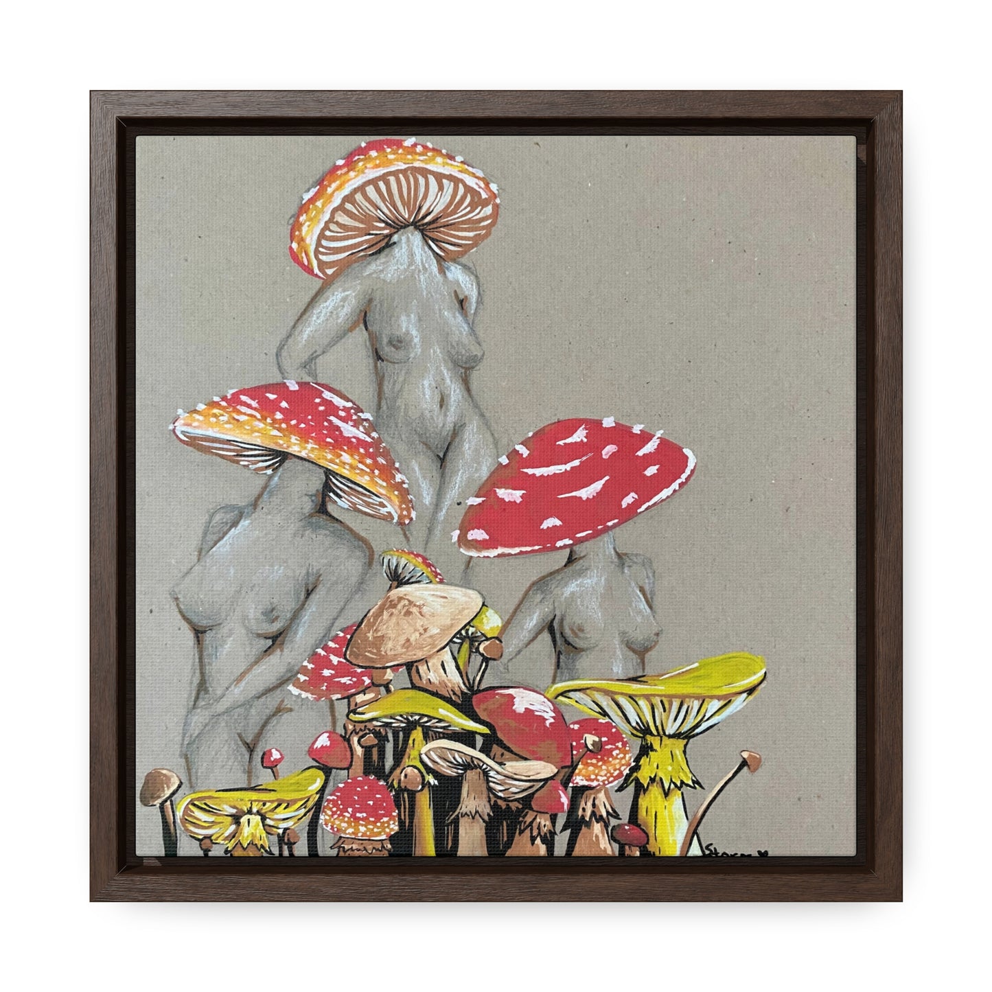 This is the 10" x 10" Miss Amanita Gallery Canvas Wrap with Walnut Square Frame by Storm Garden Studio. The depth of the frame is 1.25". The image shows the canvas flat on a white wall. This is an illustration of three mushroom headed nude women. The foreground has assorted mushrooms in different sizes. The women are positioned in a triangle shape. The colors range from yellow, orange and red. Each of the bodies are shaded in white, black or grey and match the background of the illustration. 