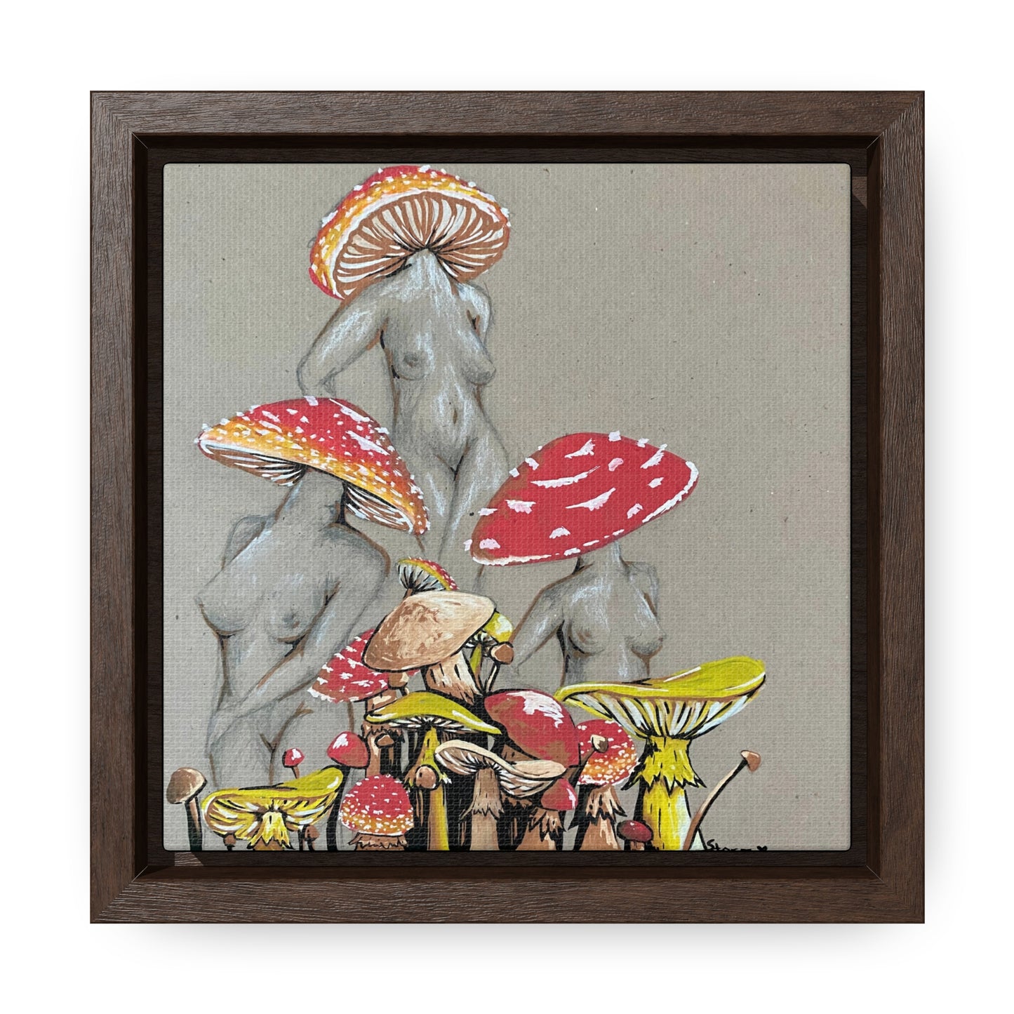 This is the 6" x 6" Miss Amanita Gallery Canvas Wrap with Walnut Square Frame by Storm Garden Studio. The depth of the frame is 1.25". The image shows the canvas flat on a white wall. This is an illustration of three mushroom headed nude women. The foreground has assorted mushrooms in different sizes. The women are positioned in a triangle shape. The colors range from yellow, orange and red. Each of the bodies are shaded in white, black or grey and match the background of the illustration. 