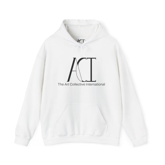 This is the White ACI hoodie that showcases a large ACI logo printed in black near the top middle of the hoodie. Underneath the logo in back is, "The Art Collective International" in smaller print. It is a full picture of the front with the color-matched drawcord. The size label is white and printed on rather than a tag. The ACI logo is black on the size label. There is stitching by the wrists and waist areas. Also, a large pocket to place your arms in.