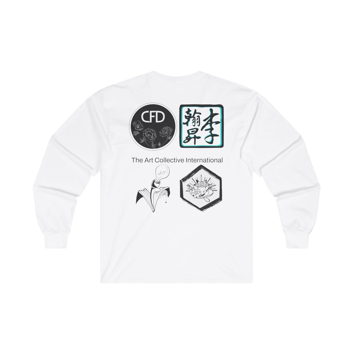 White long sleeve with ACI plus four studios' logos printed on the back.