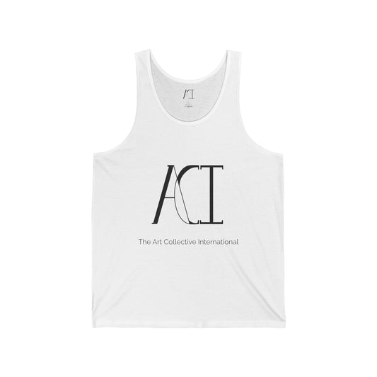 This is the White ACI Tank showcasing the image from the front. The ACI logo and "The Art Collective International" printed in black at the middle of the tank. There is the size label printed in black and the ACI logo on the inside of the shirt. The tank is against a white background.