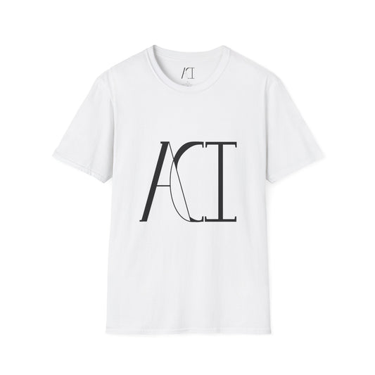 This is the White ACI T-Shirt that shows an image of the front. The size label and ACI logo printed on the inside of the shirt. The size label print is white whereas the logo is black. The middle of the shirt has a large printed ACI logo in black. The rest of the shirt is the same color that was specified.