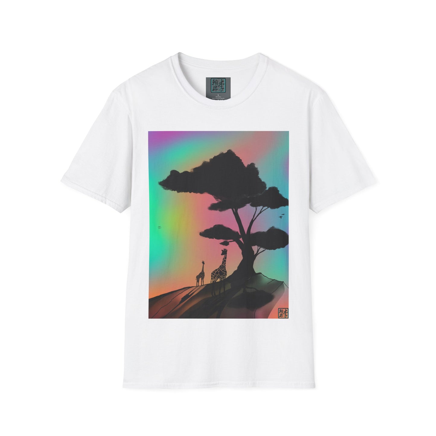 This is the White A Glance T-Shirt by Lee Hansheng Studios.It is a sillhouette illustration of a tree rooted in the land.It is an orange red color with shadows reflected on it.One giraffe is in the foreground whereas the other is near the background spotted in black.The background is a mirage of pink,blue,yellow and red.The studio logo on the right corner in black and outlined in blue. The inside of the shirt has the studio logo on a gray label. The rest of the print is white for the sizes. 